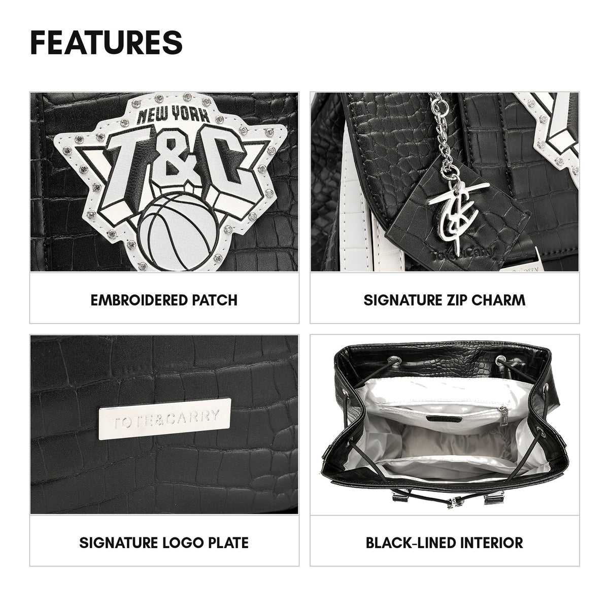 NY Onyx Backpack in Black - features: embroidered patch, signature zip charm, signature logo plate, black-lined interior