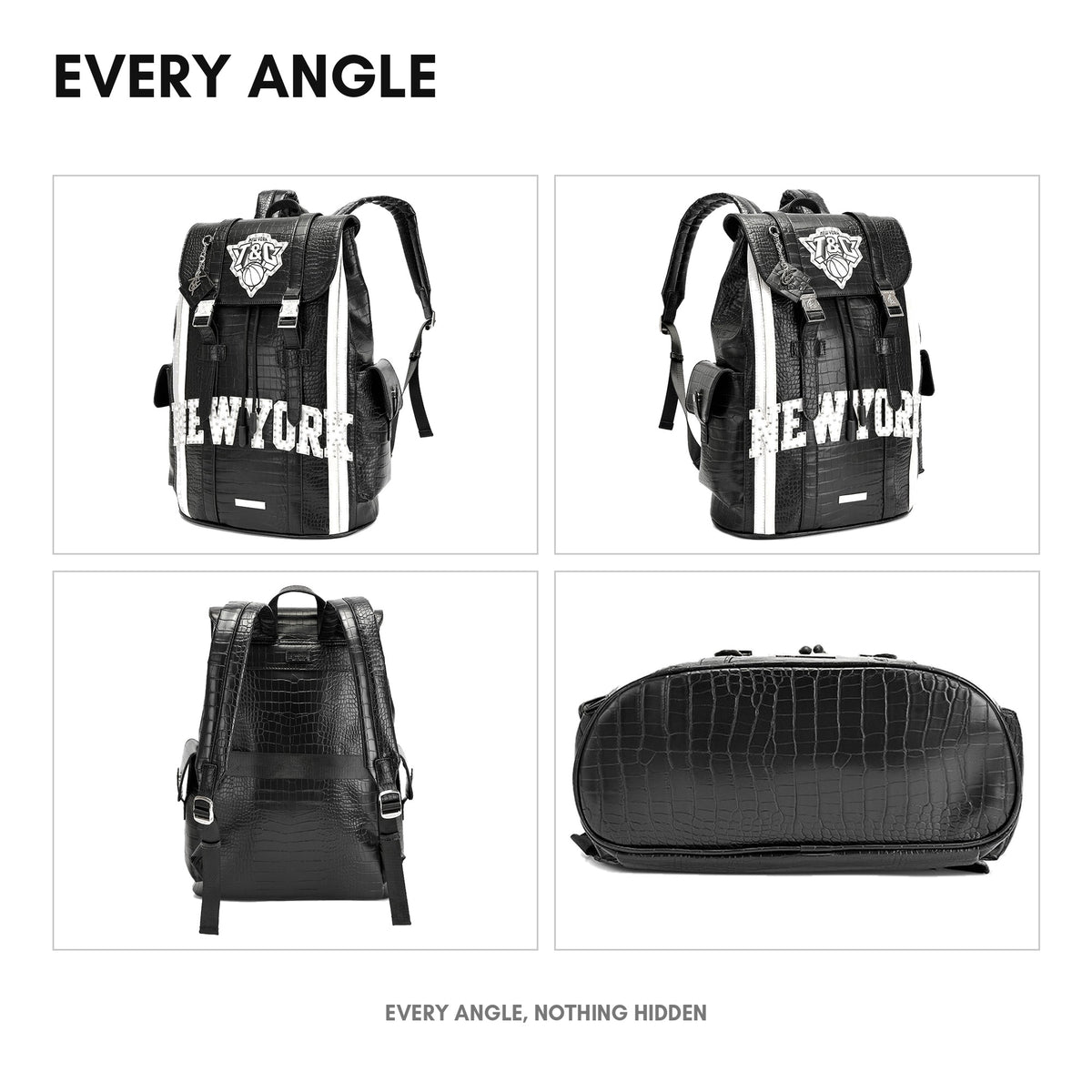 NY Onyx Backpack in Black - every angle: front, side, back and interior
