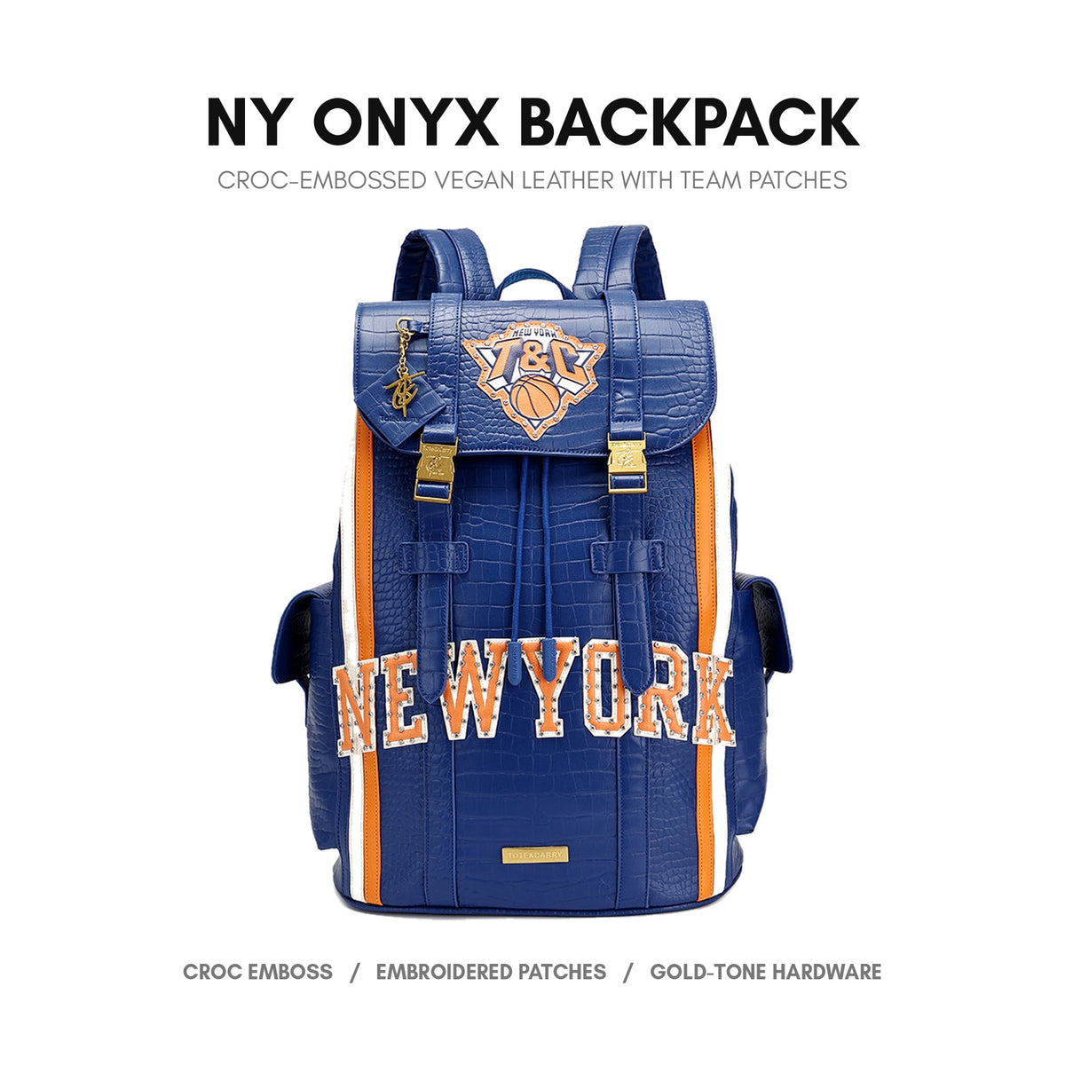 NY Onyx Backpack in Blue & Orange - premium vegan leather, deep crocodile emboss, embroidered team patches