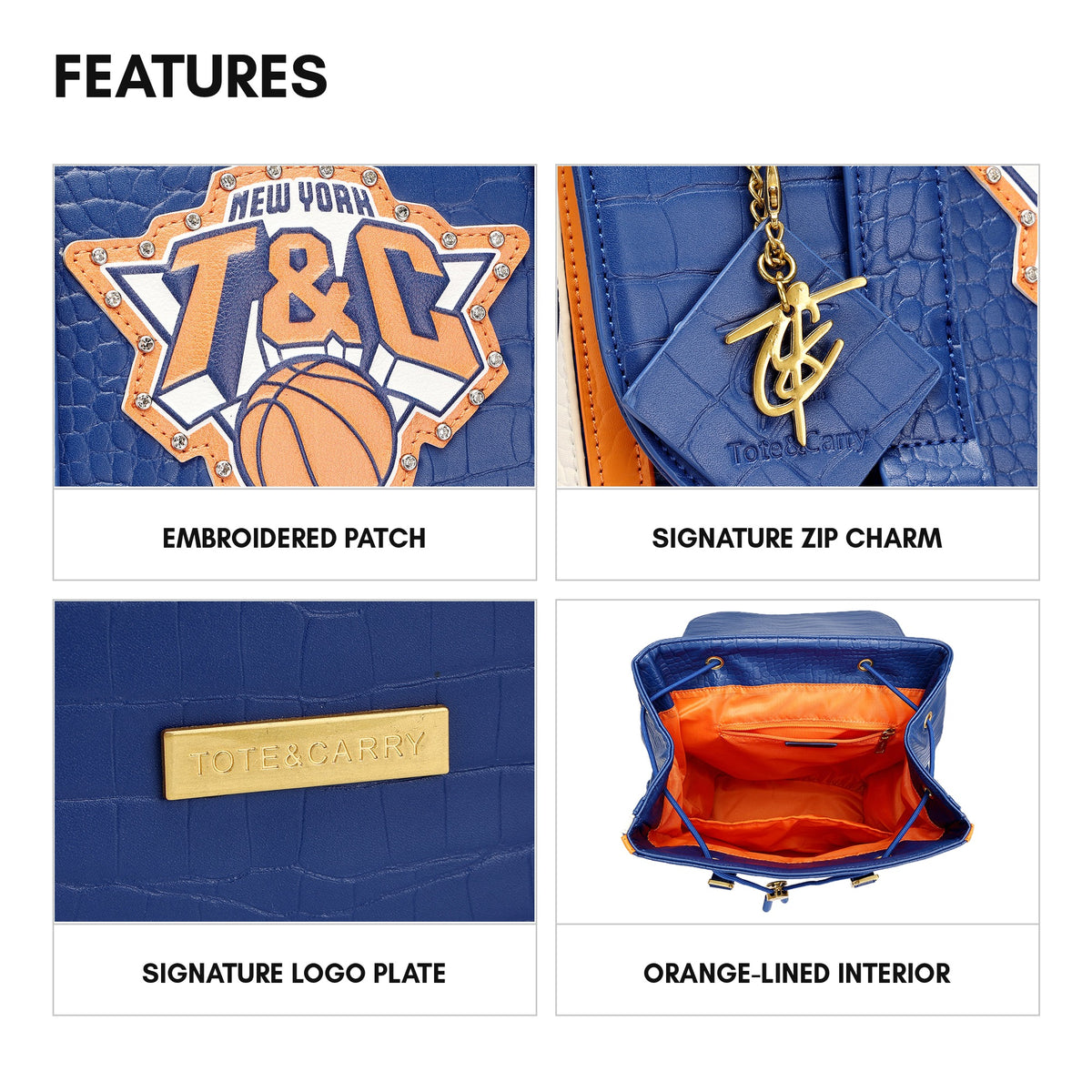 NY Onyx Backpack in Blue & Orange - features: embroidered patch, signature zip charm, signature logo plate, orange-lined interior