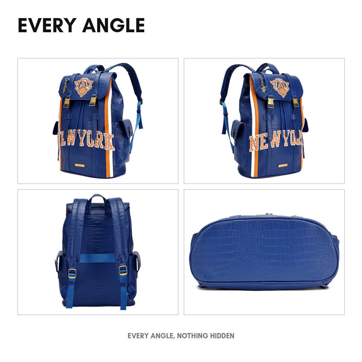 NY Onyx Backpack in Blue & Orange - every angle: front, side, back and interior