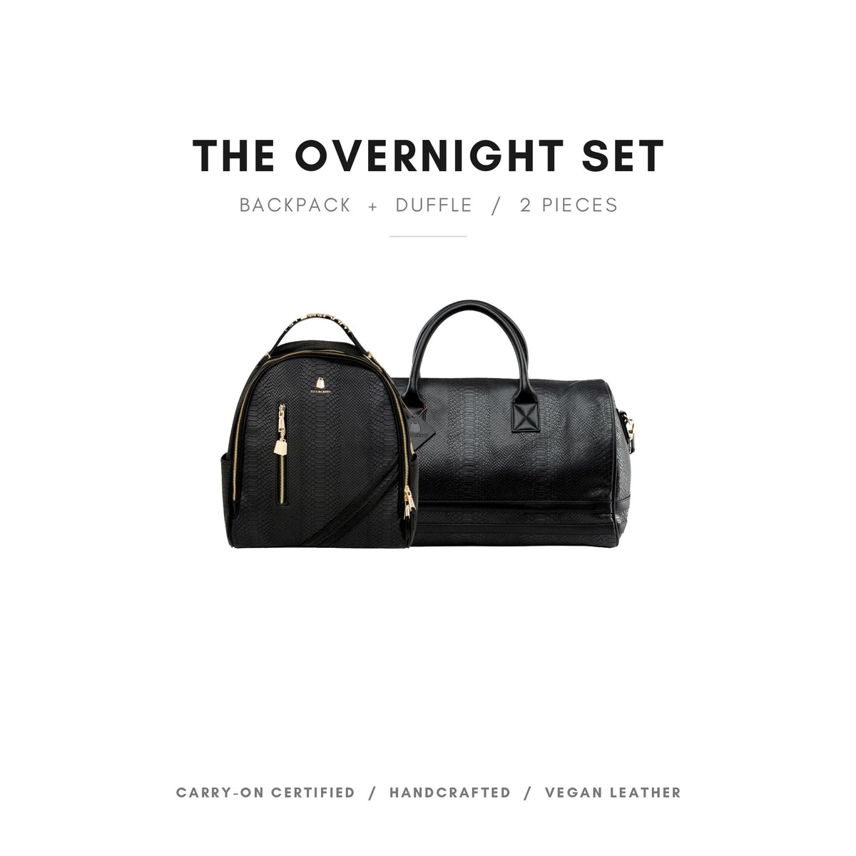 Tote&Carry Signature Overnight Travel Set in Black — the full 2-piece set, backpack and duffle
