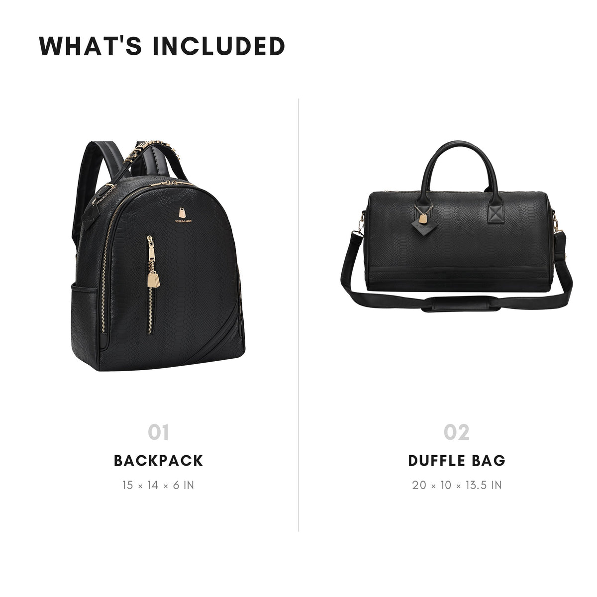 Tote&Carry Signature Overnight Travel Set in Black — what's included, backpack 15 x 14 x 6 in and duffle 20 x 10 x 13.5 in