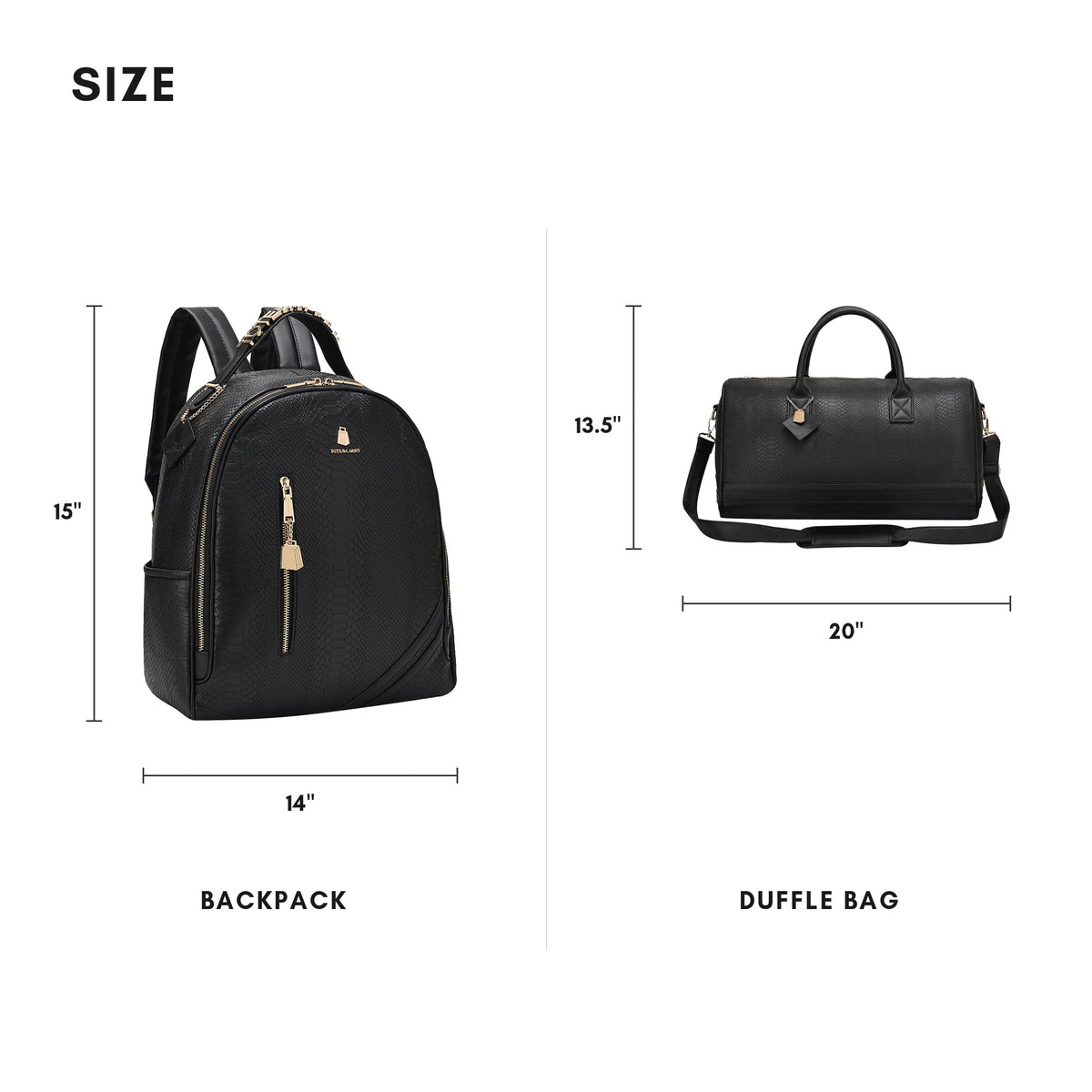 Tote&Carry Signature Overnight Travel Set in Black — size guide, backpack and duffle dimensions