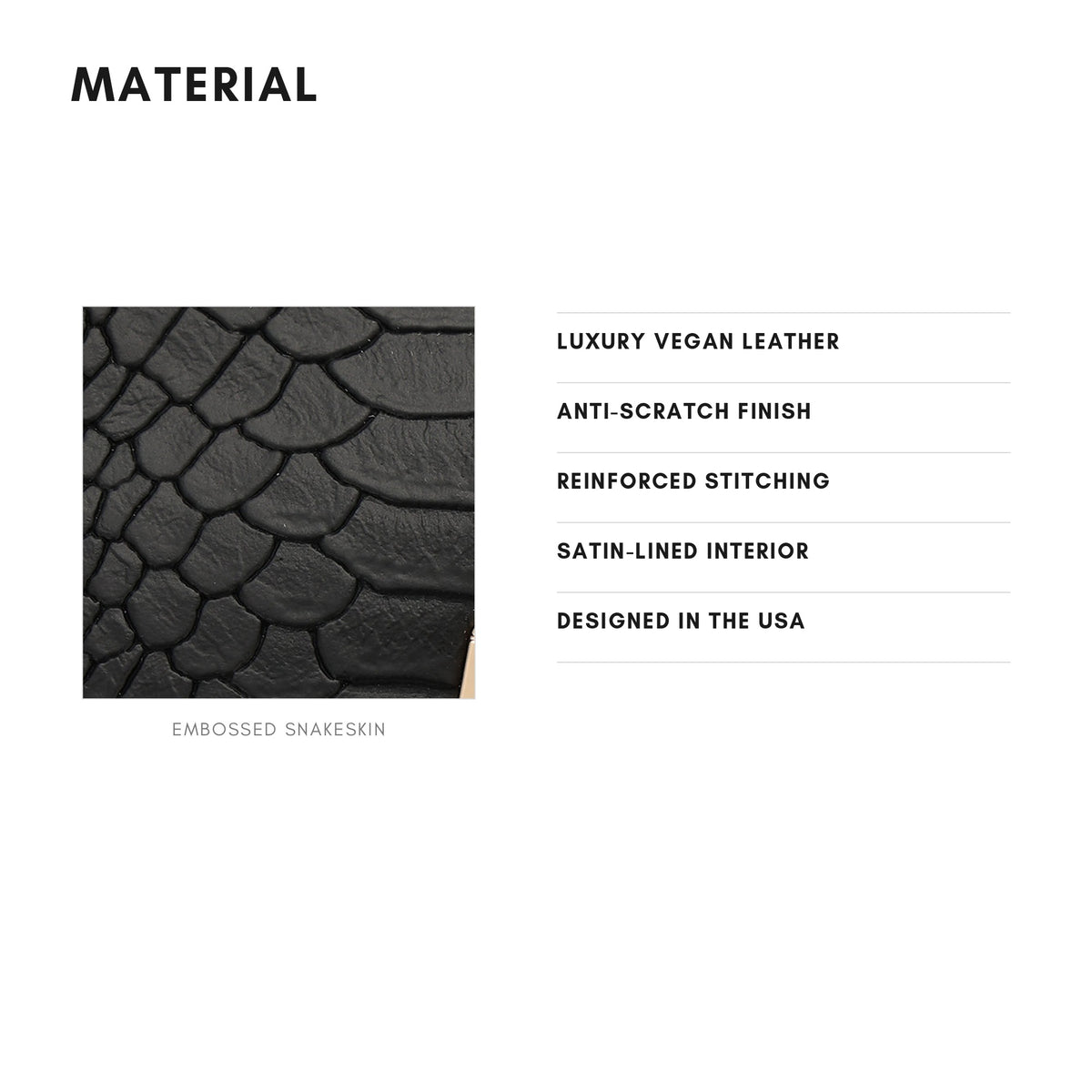 Tote&Carry Signature Overnight Travel Set in Black — material, luxury vegan leather with embossed snakeskin finish