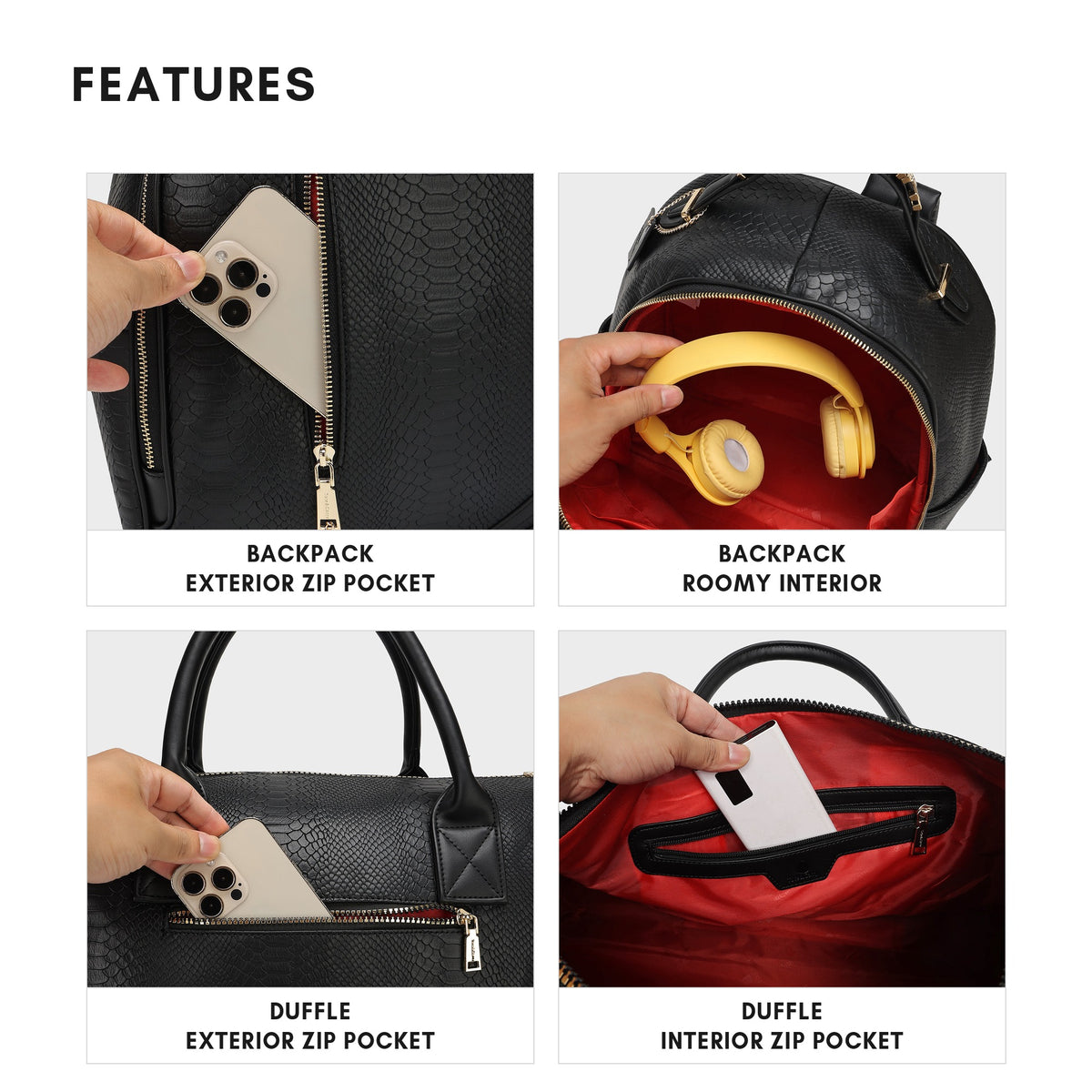 Tote&Carry Signature Overnight Travel Set in Black — features, backpack exterior zip pocket, roomy interior and duffle zip pockets