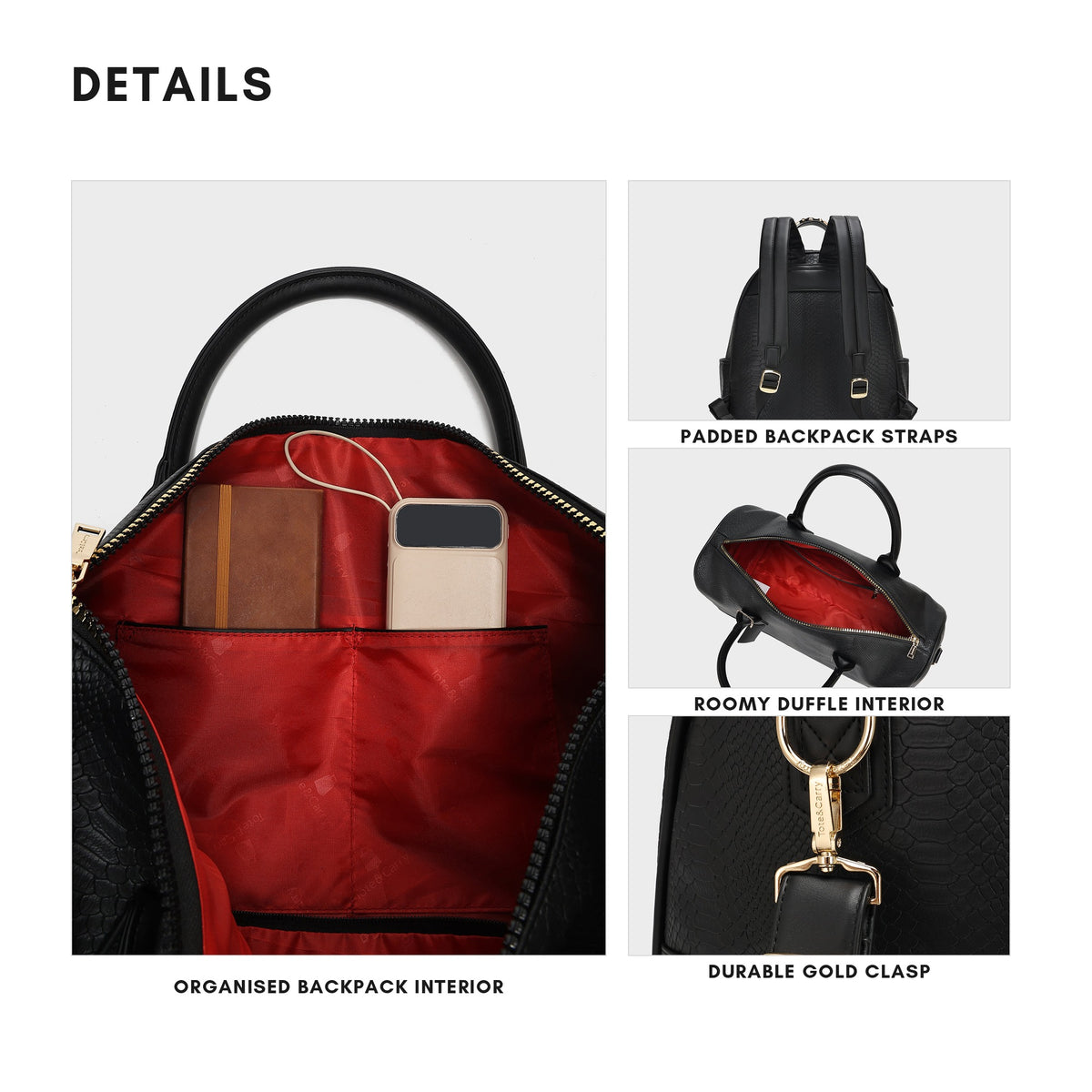 Tote&Carry Signature Overnight Travel Set in Black — details, organised interior, padded straps and durable gold clasp