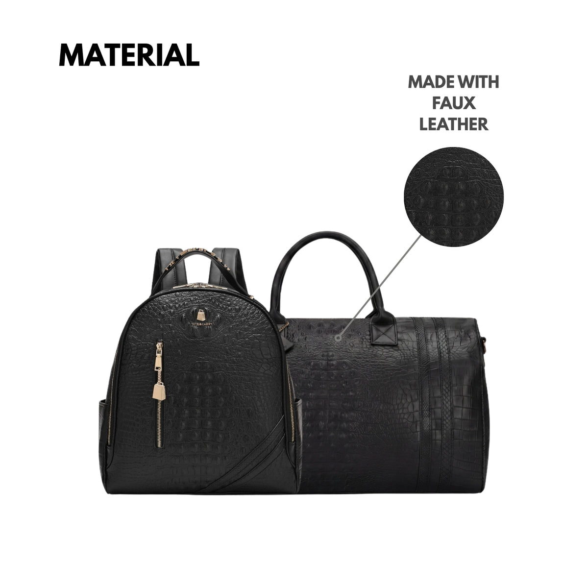 Tote&Carry Classic Overnight Travel Set in Black — faux leather material detail