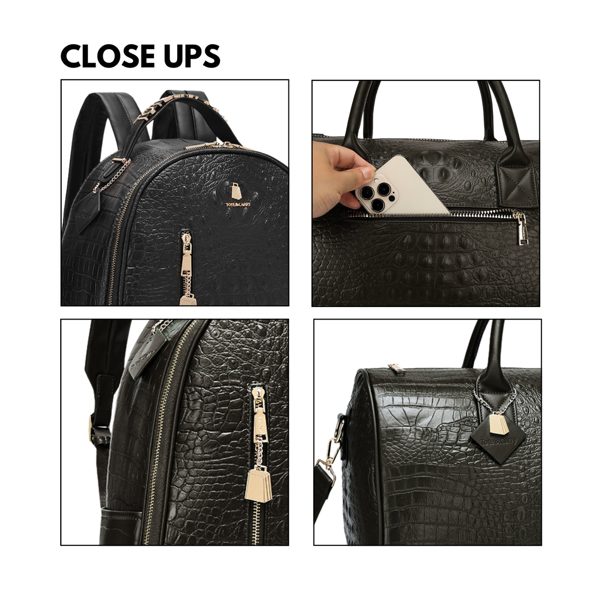 Tote&Carry Classic Overnight Travel Set in Black — close up details, texture, hardware and zippers