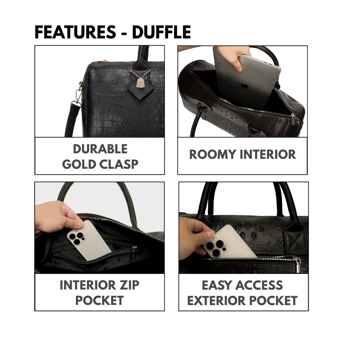 Tote&Carry Classic Overnight Travel Set in Black — duffle features, durable gold clasp, roomy interior and easy-access exterior pocket
