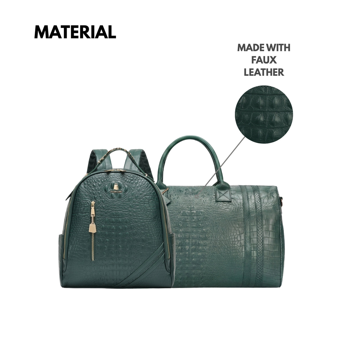 Tote&Carry Classic Overnight Travel Set in Emerald Green — faux leather material detail