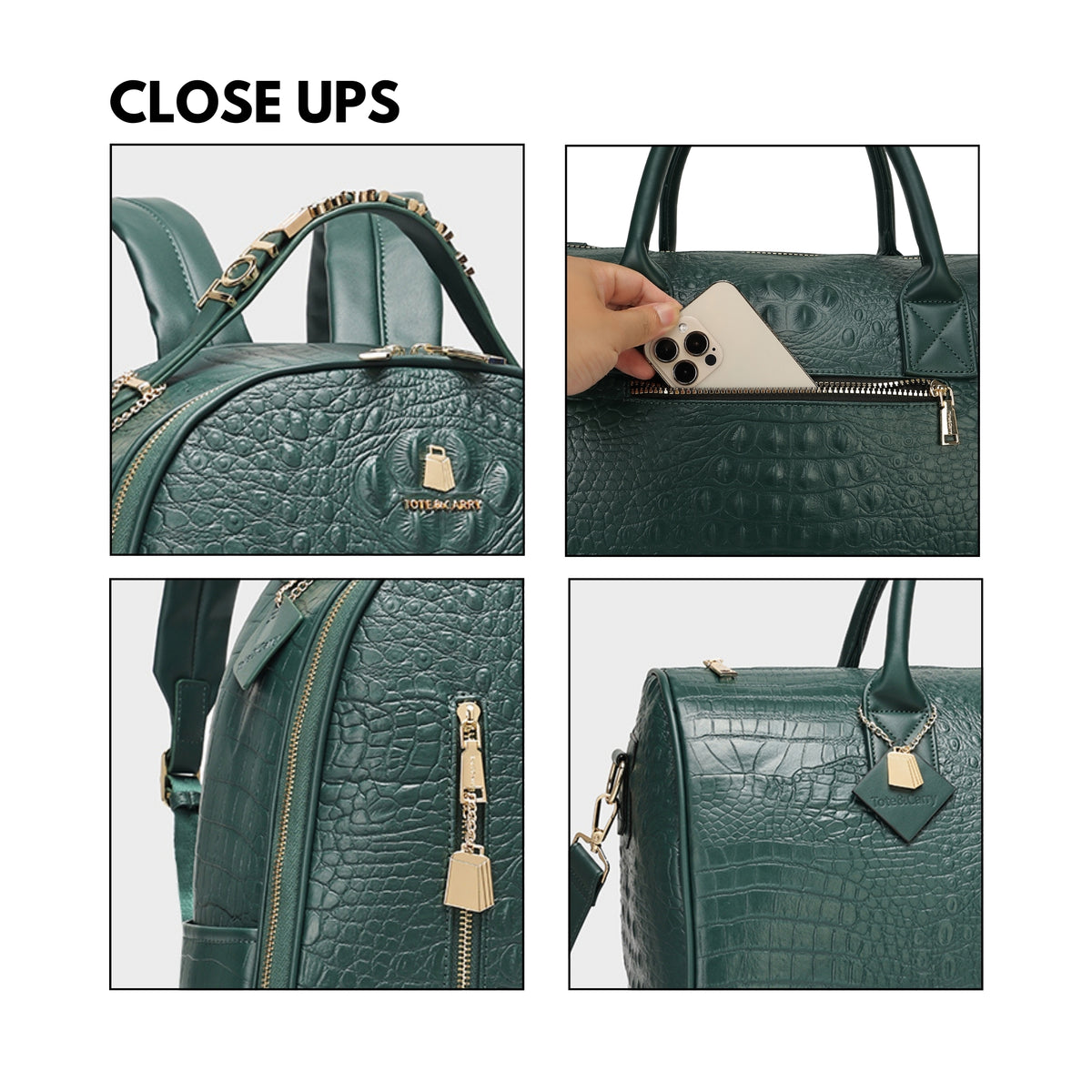 Tote&Carry Classic Overnight Travel Set in Emerald Green — close up details, texture, hardware and zippers