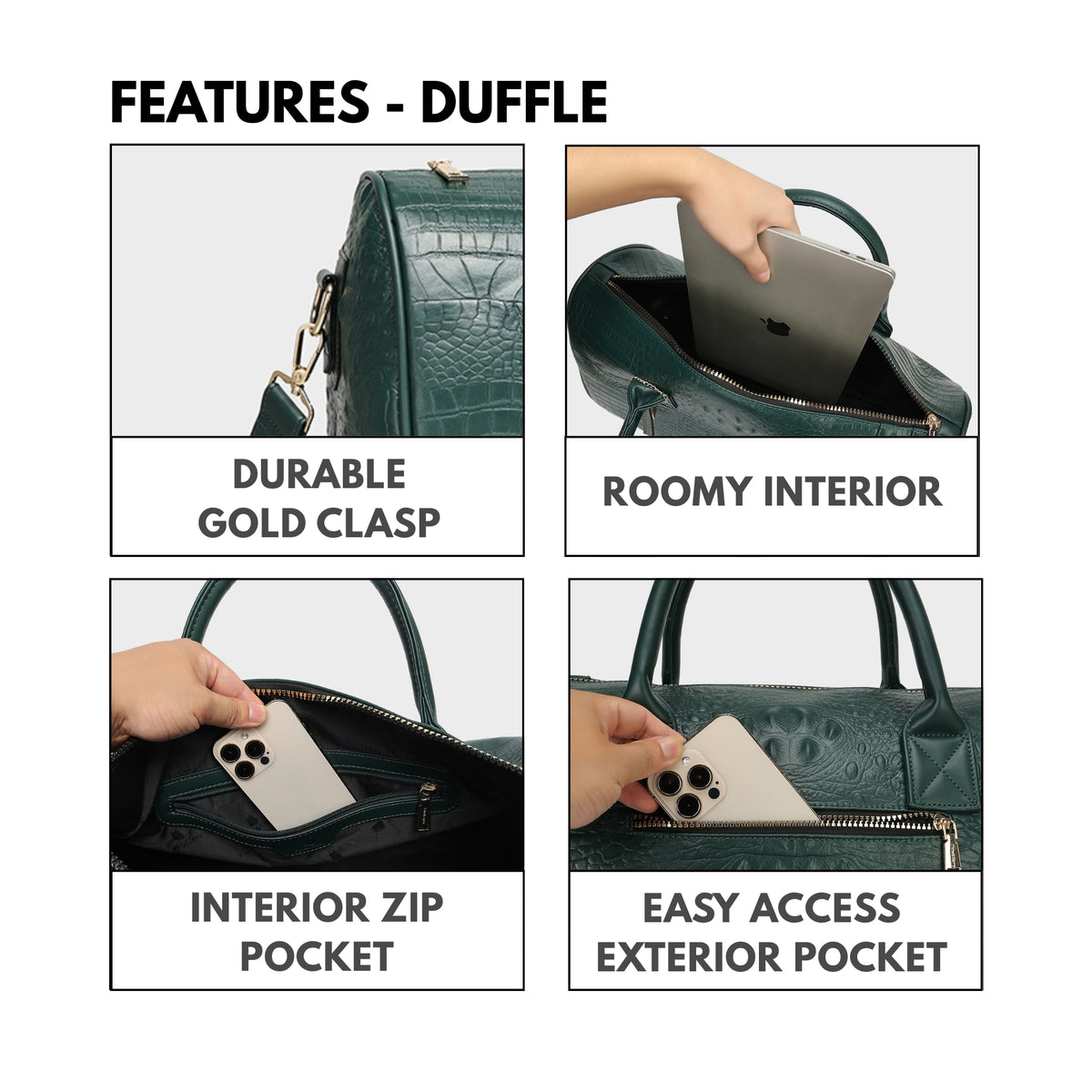 Tote&Carry Classic Overnight Travel Set in Emerald Green — duffle features, durable gold clasp, roomy interior and easy-access exterior pocket