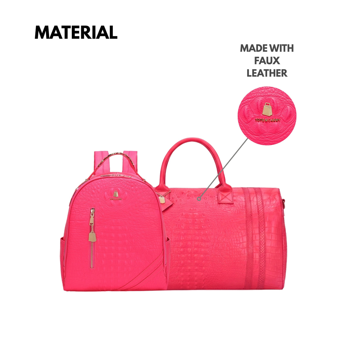 Tote&Carry Classic Overnight Travel Set in Neon Pink — faux leather material detail