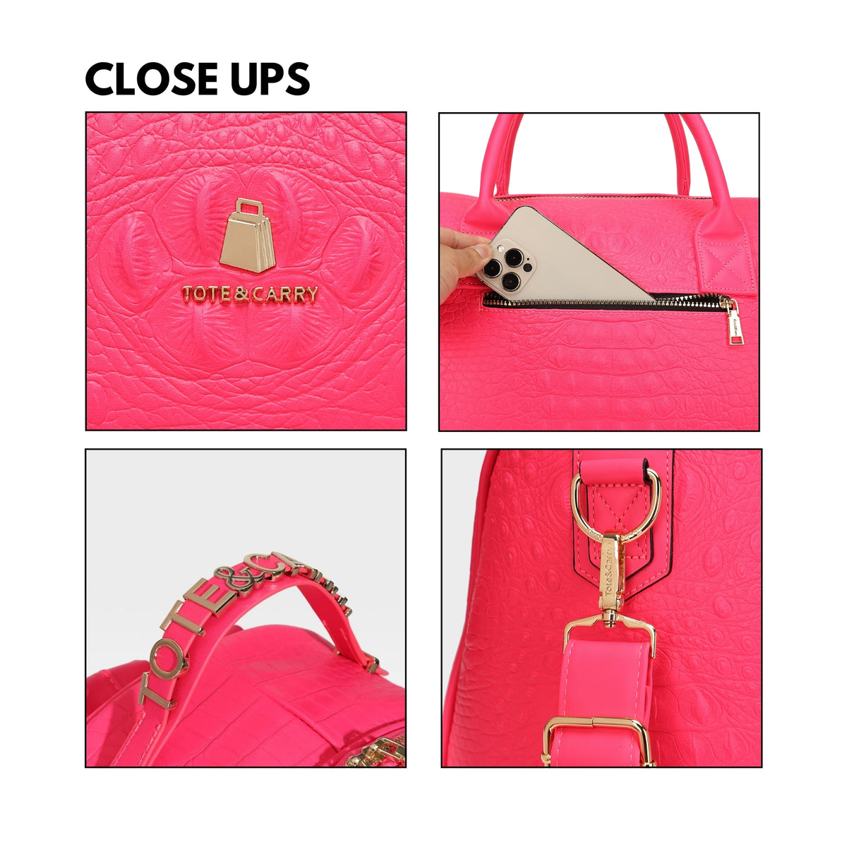 Tote&Carry Classic Overnight Travel Set in Neon Pink — close up details, texture, hardware and zippers