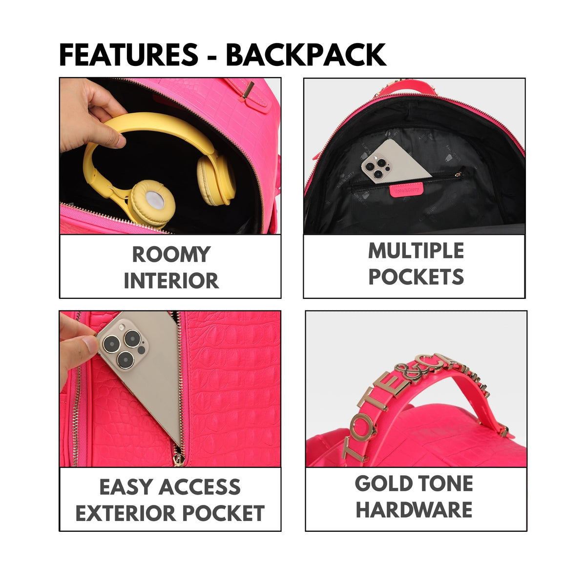 Tote&Carry Classic Overnight Travel Set in Neon Pink — backpack features, roomy interior, multiple pockets and easy-access exterior pocket