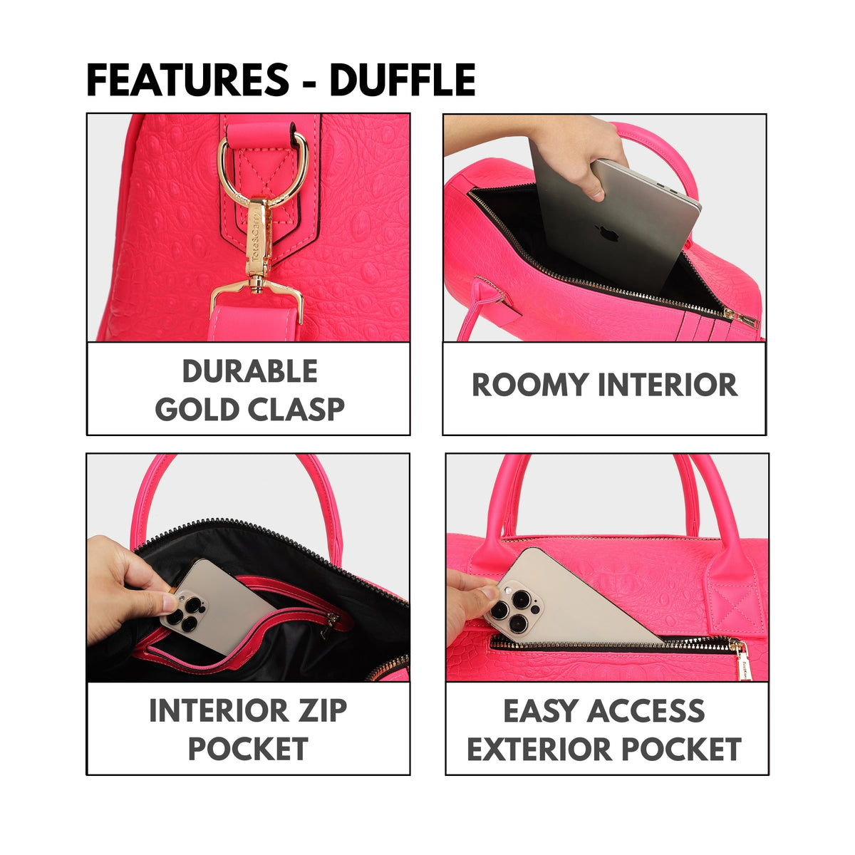 Tote&Carry Classic Overnight Travel Set in Neon Pink — duffle features, durable gold clasp, roomy interior and easy-access exterior pocket