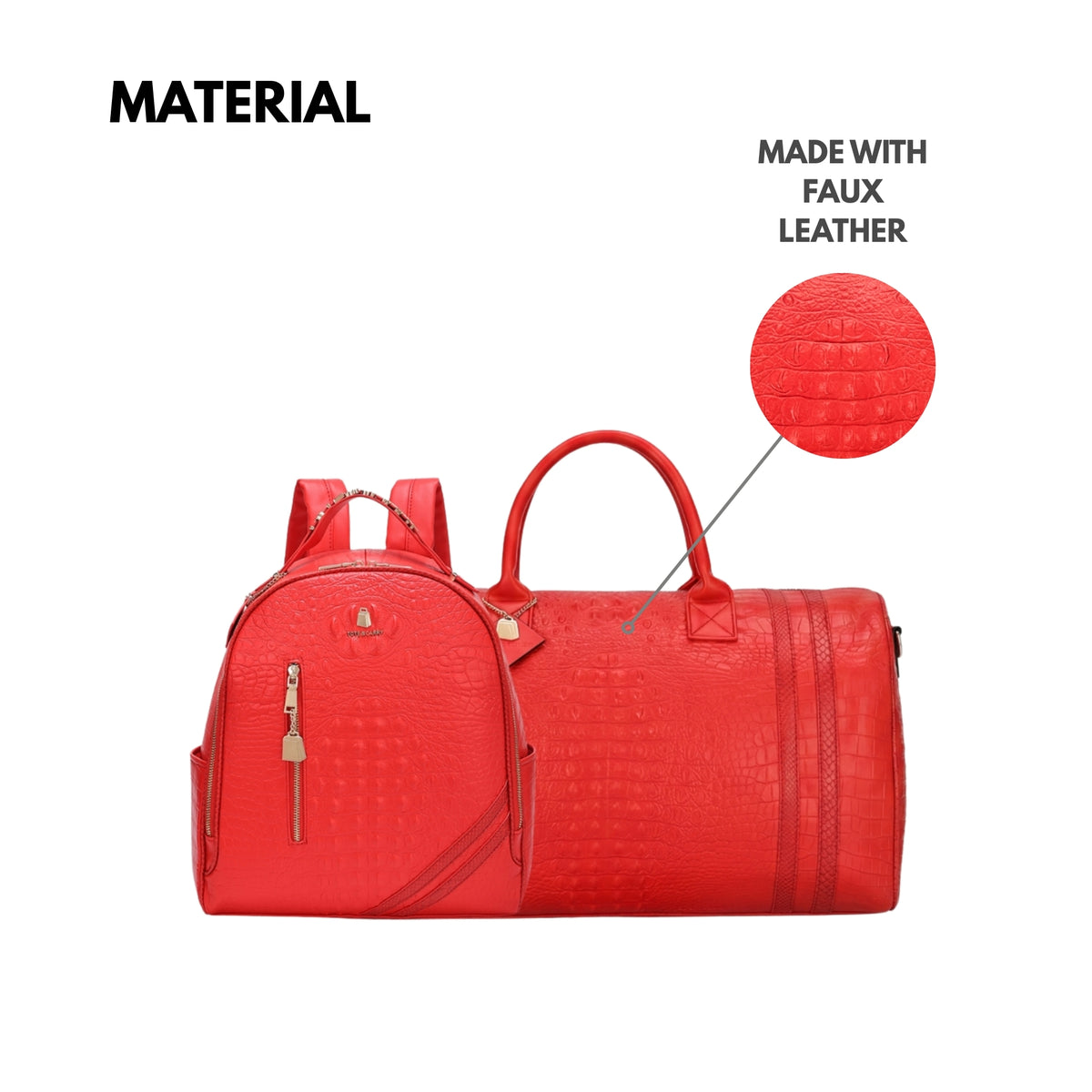 Tote&Carry Classic Overnight Travel Set in Red — faux leather material detail