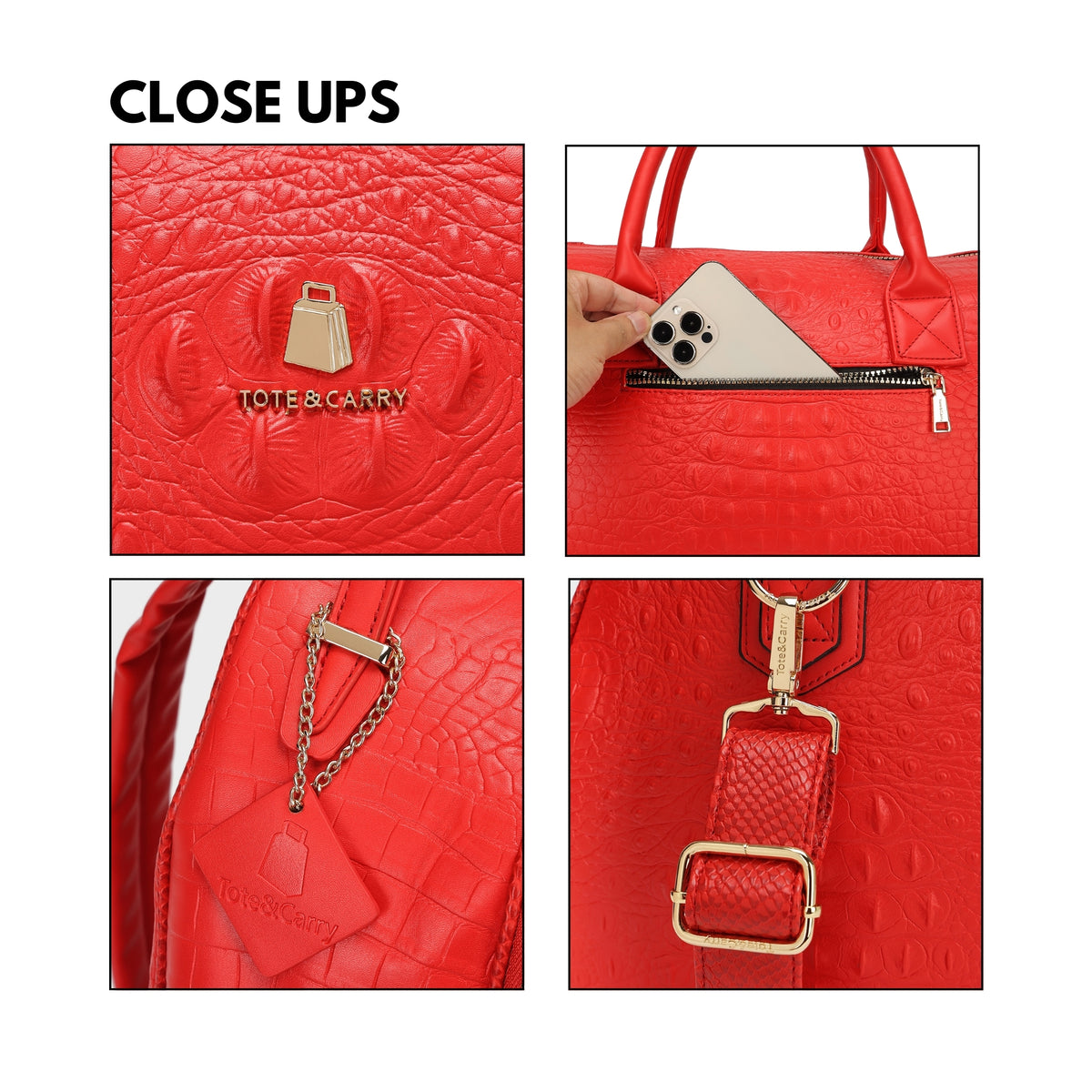 Tote&Carry Classic Overnight Travel Set in Red — close up details, texture, hardware and zippers