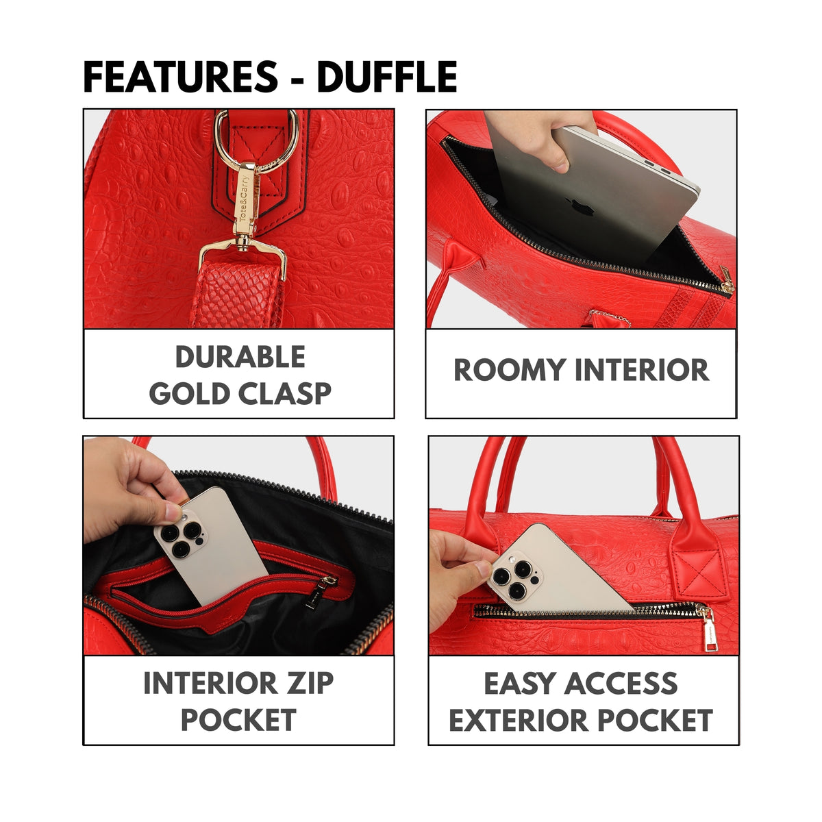 Tote&Carry Classic Overnight Travel Set in Red — duffle features, durable gold clasp, roomy interior and easy-access exterior pocket