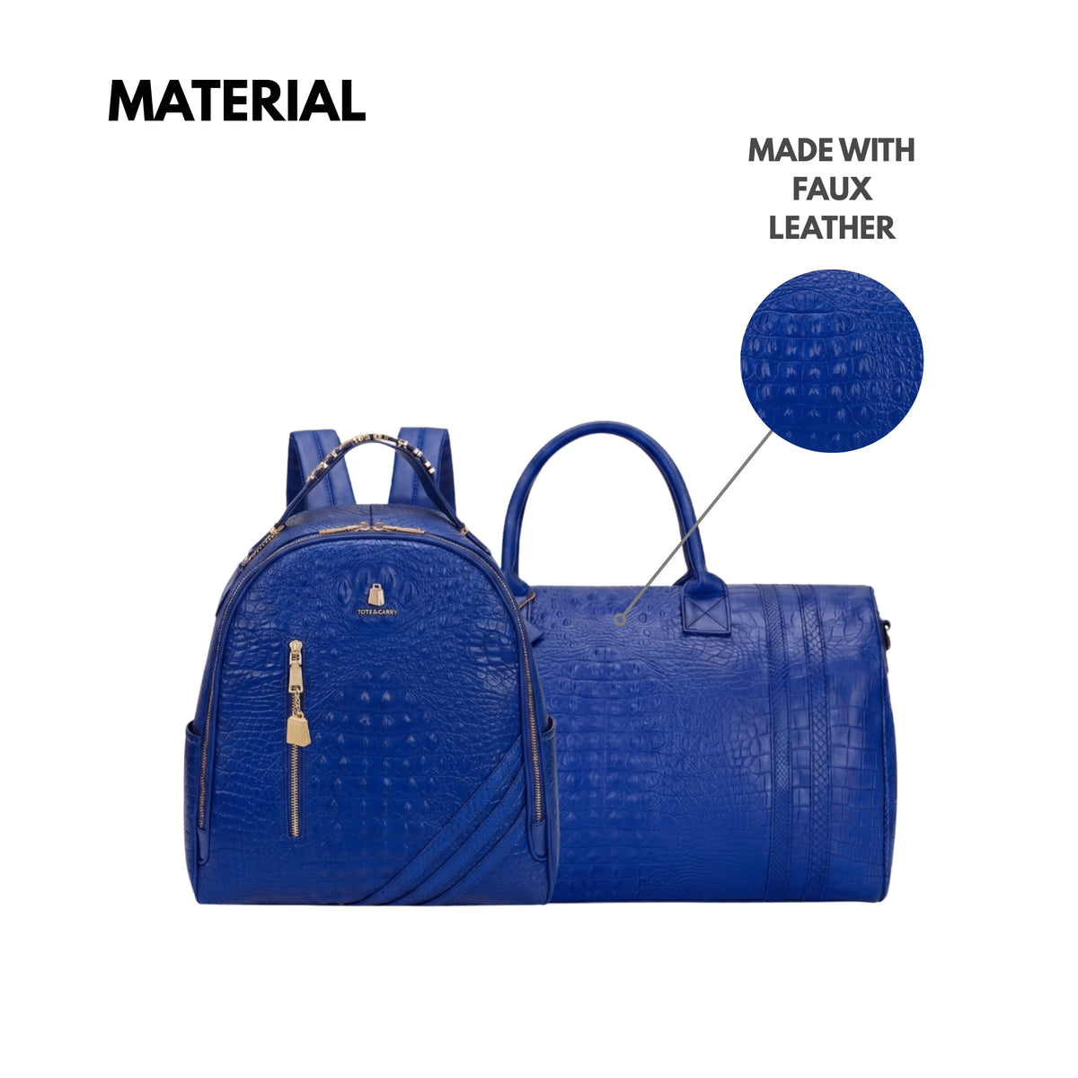 Tote&Carry Classic Overnight Travel Set in Royal Blue — faux leather material detail