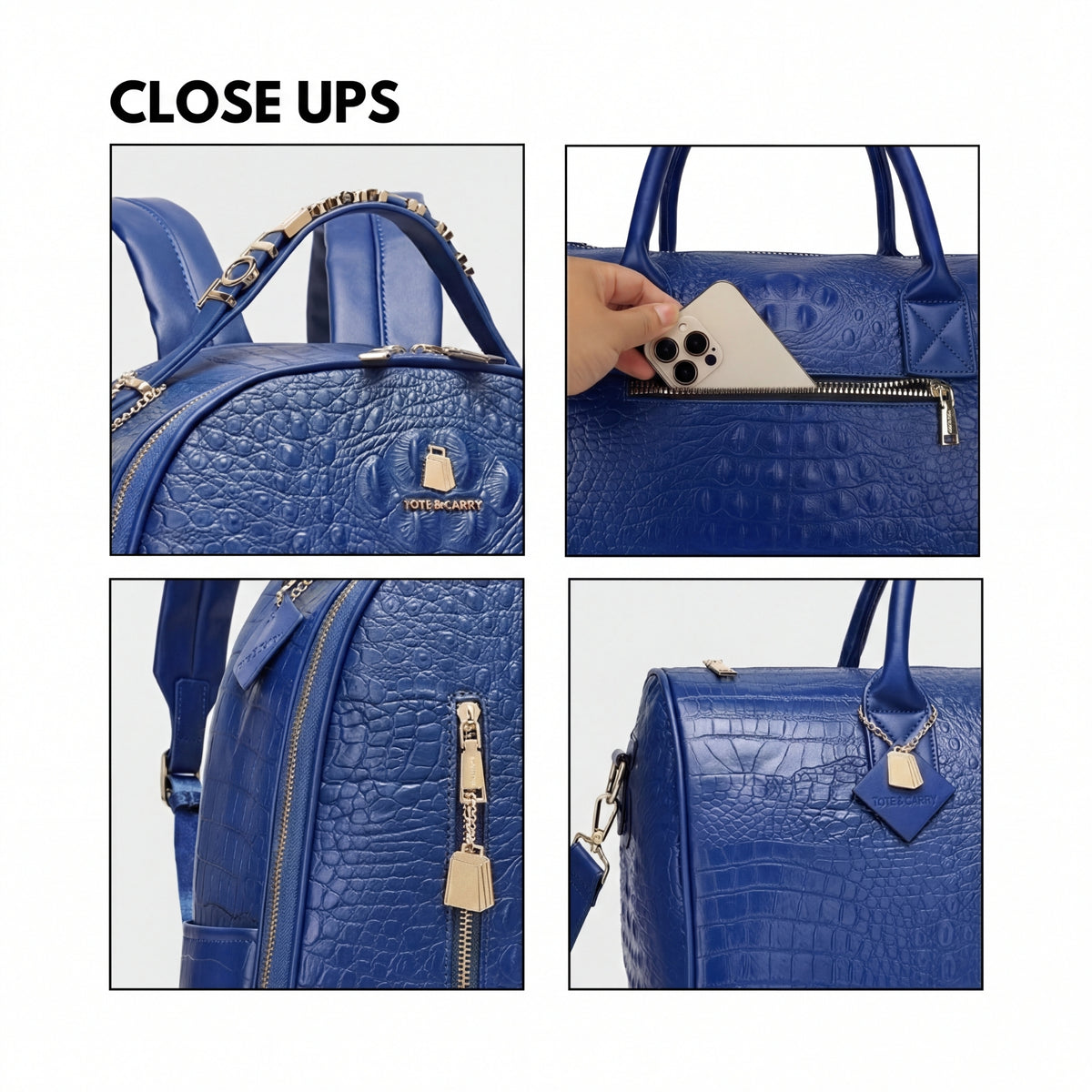 Tote&Carry Classic Overnight Travel Set in Royal Blue — close up details, texture, hardware and zippers