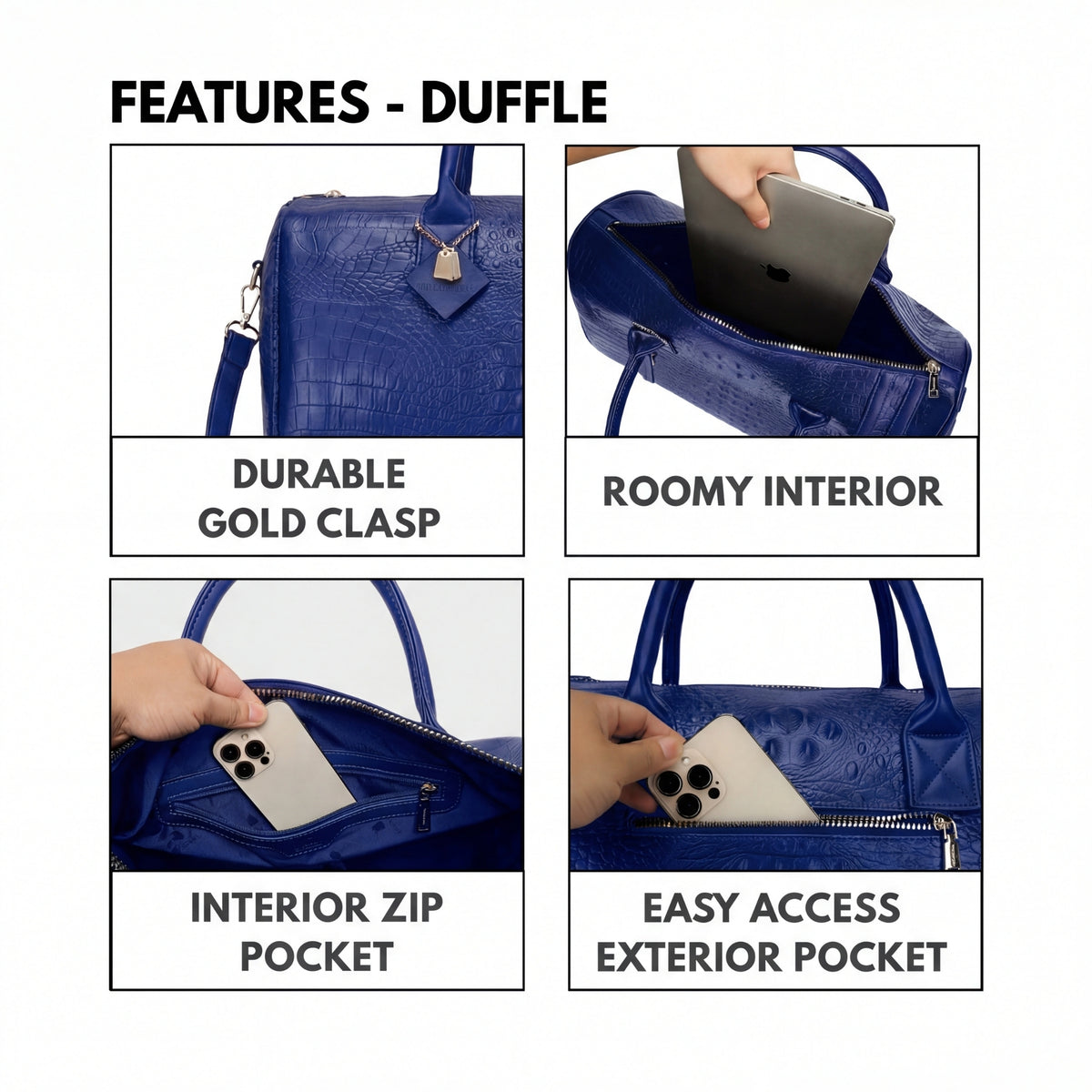 Tote&Carry Classic Overnight Travel Set in Royal Blue — duffle features, durable gold clasp, roomy interior and easy-access exterior pocket