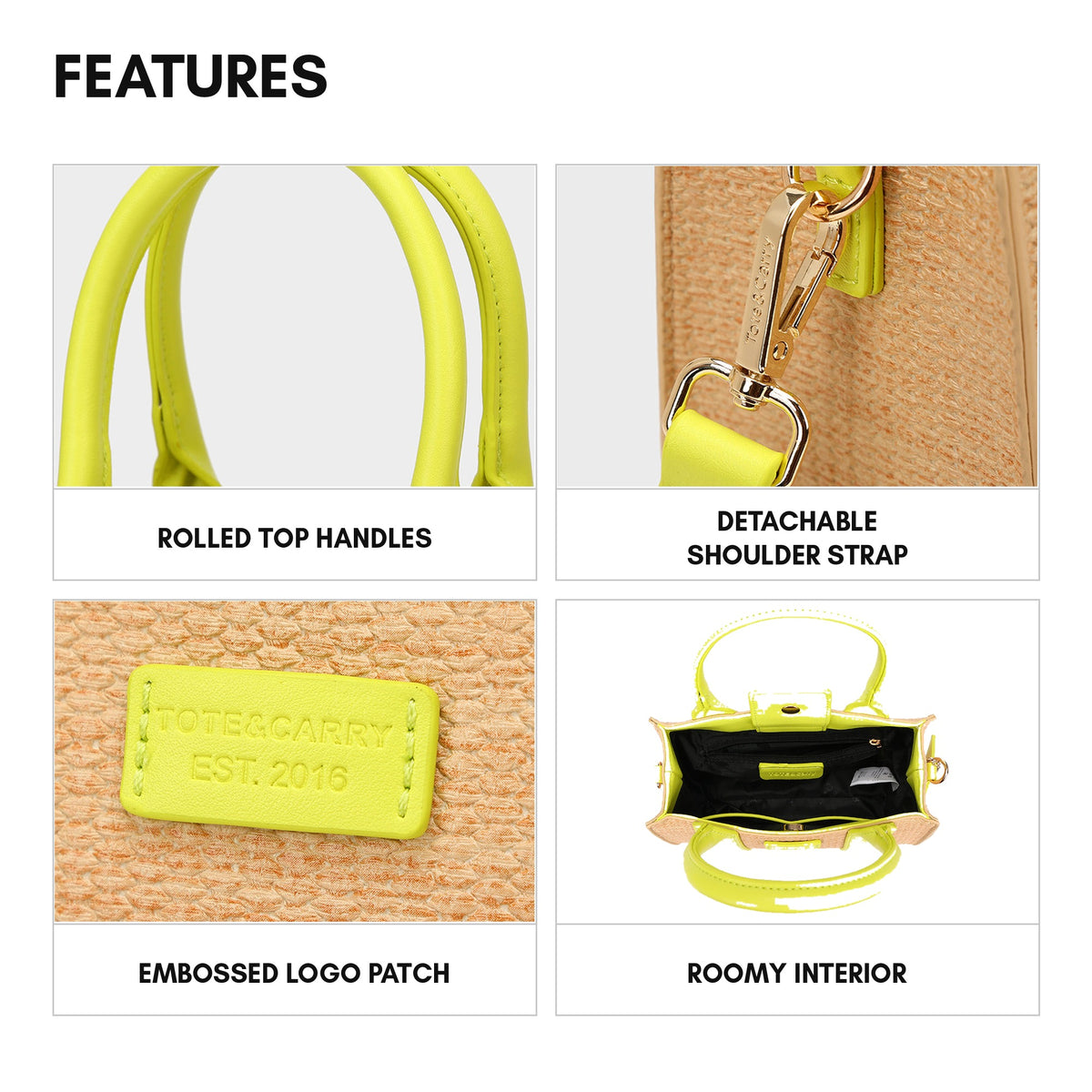 Pebble Mini Tote in Yellow - features: rolled top handles, detachable shoulder strap, embossed logo patch, roomy interior