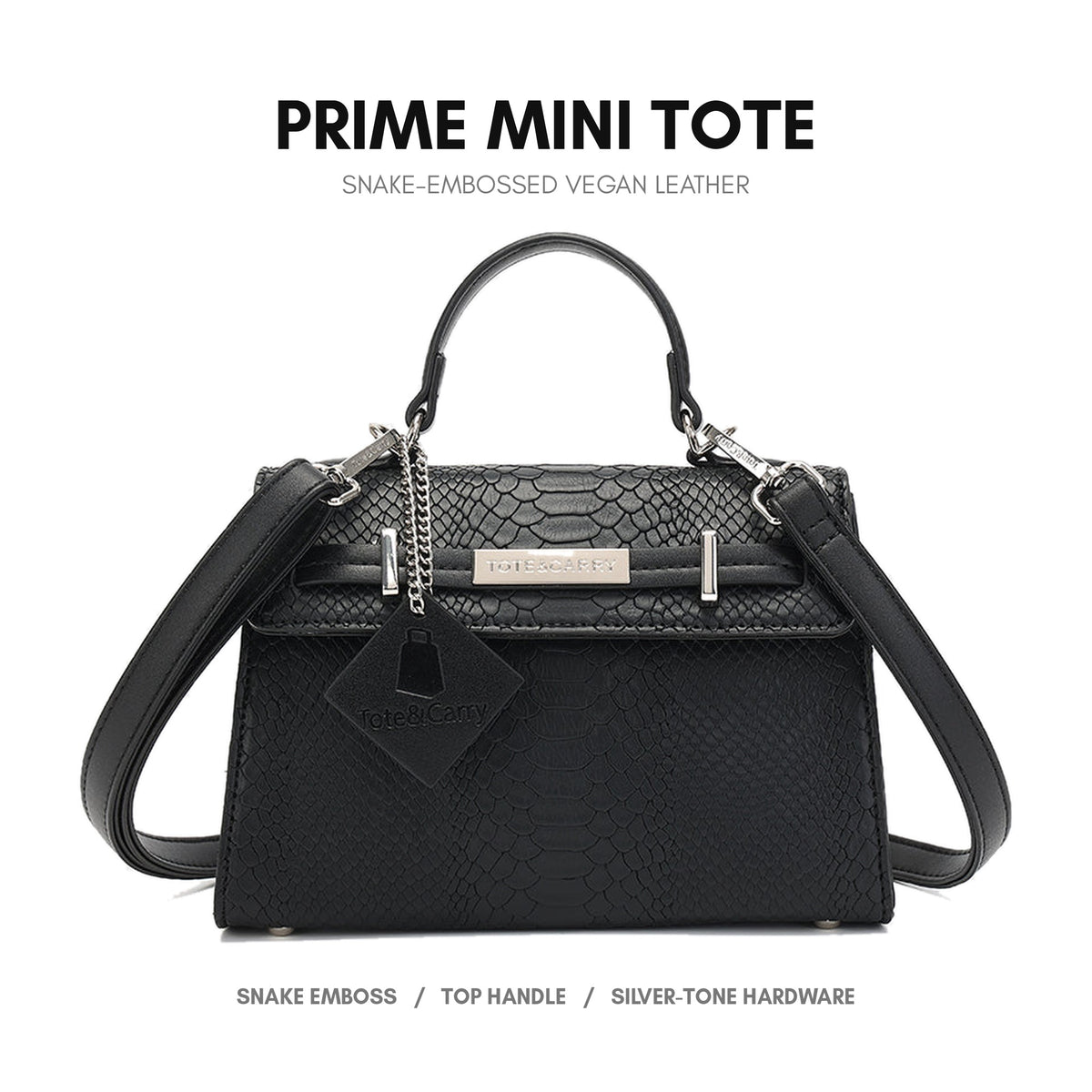 Prime Mini Tote in Black - snake-embossed vegan leather
