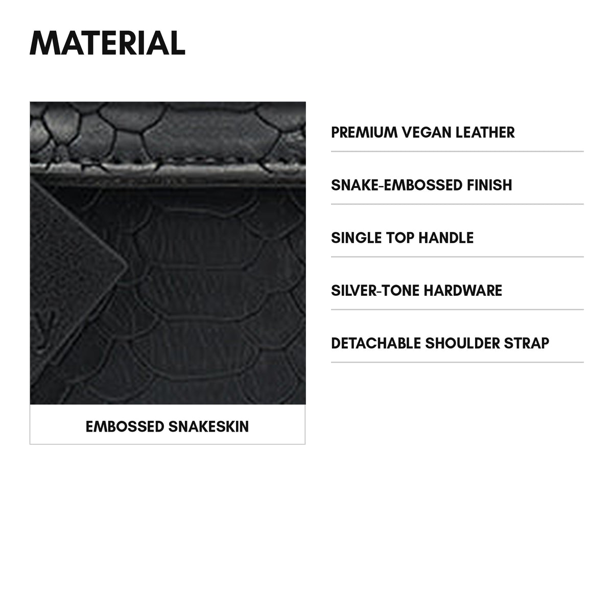 Prime Mini Tote in Black - material and specs: premium vegan leather, snake-embossed finish, single top handle, silver-tone hardware, detachable shoulder strap