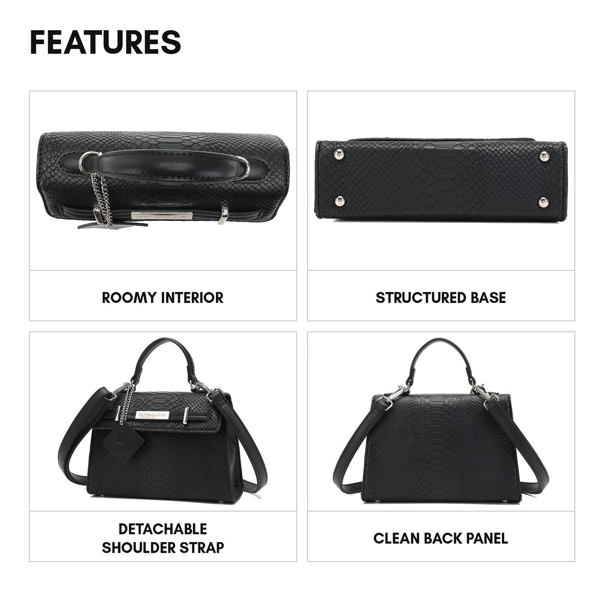 Prime Mini Tote in Black - features: roomy interior, structured base, detachable shoulder strap, clean back panel