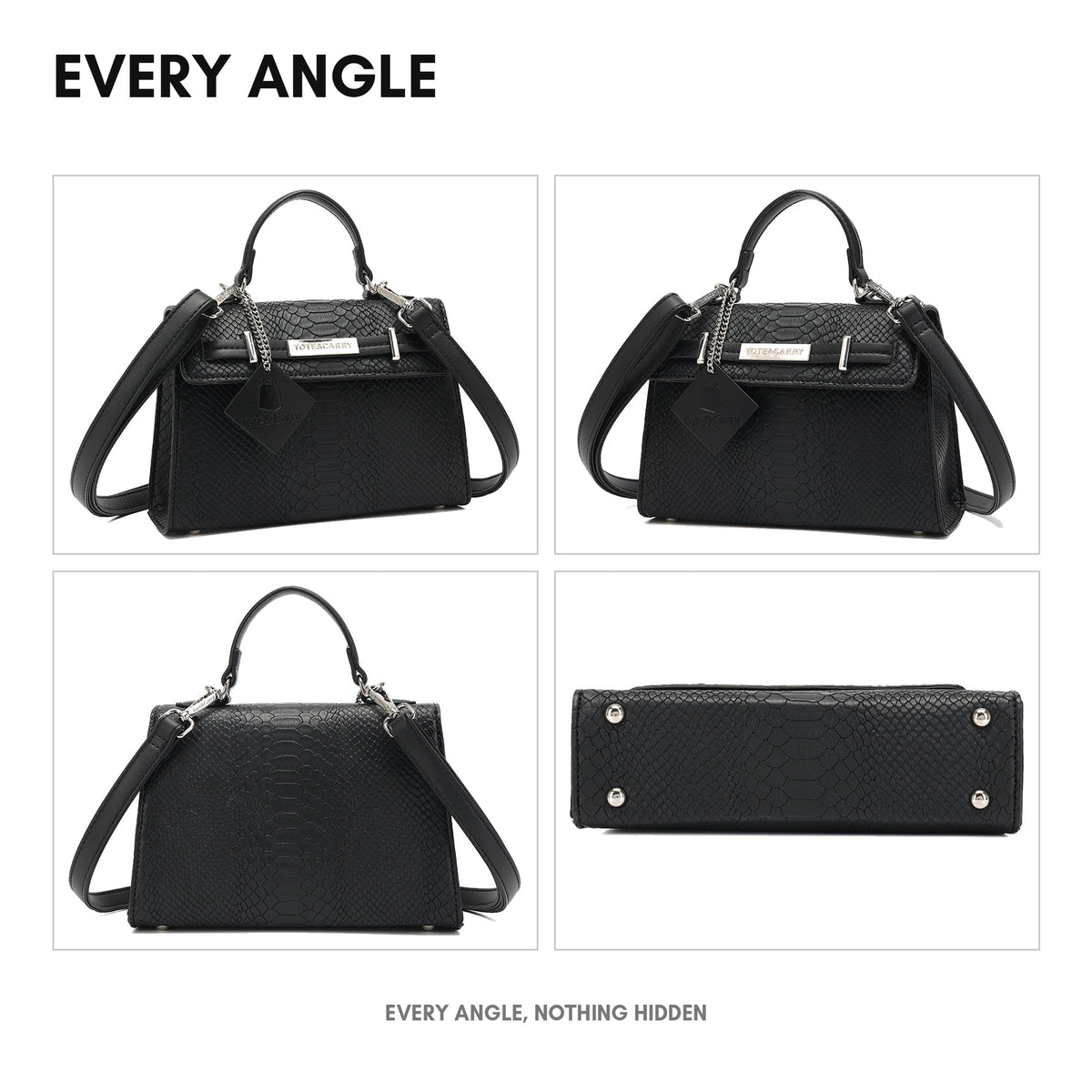 Prime Mini Tote in Black - every angle: front, side, back and interior