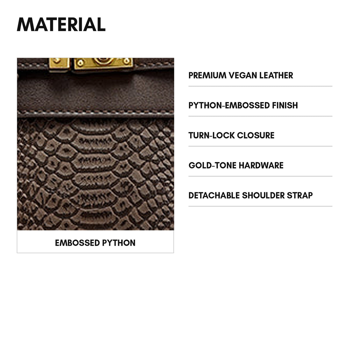 Signature Luxury Prosper Tote in Brown - material and specs: premium vegan leather, python-embossed finish, turn-lock closure, gold-tone hardware, detachable shoulder strap