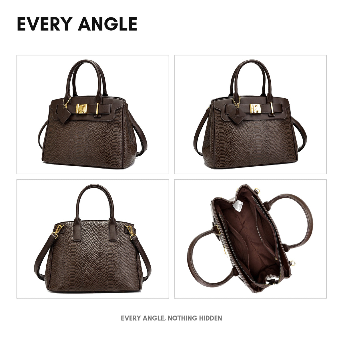 Signature Luxury Prosper Tote in Brown - every angle: front, side, back and interior