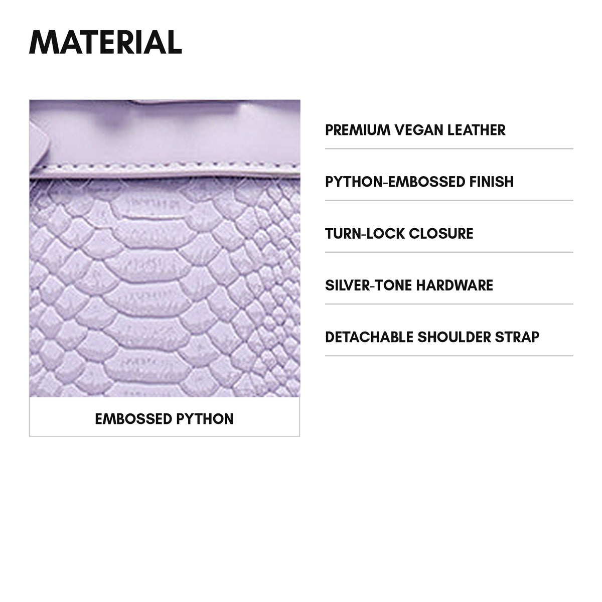 Signature Luxury Prosper Tote in Lavender - material and specs: premium vegan leather, python-embossed finish, turn-lock closure, silver-tone hardware, detachable shoulder strap
