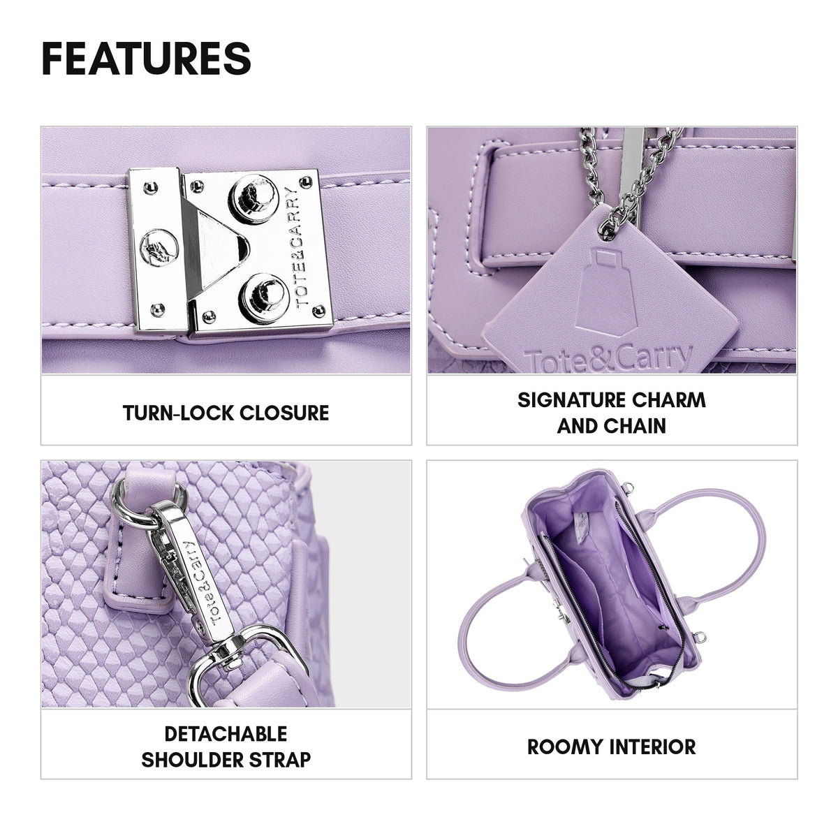 Signature Luxury Prosper Tote in Lavender - features: turn-lock closure, signature charm and chain, detachable shoulder strap, roomy interior