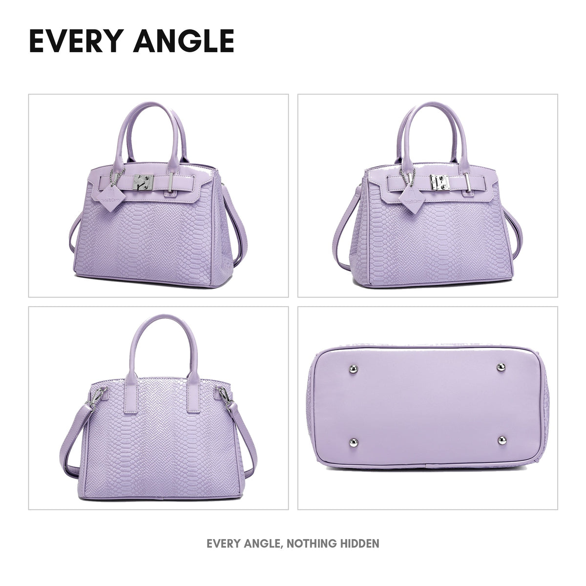 Signature Luxury Prosper Tote in Lavender - every angle: front, side, back and interior