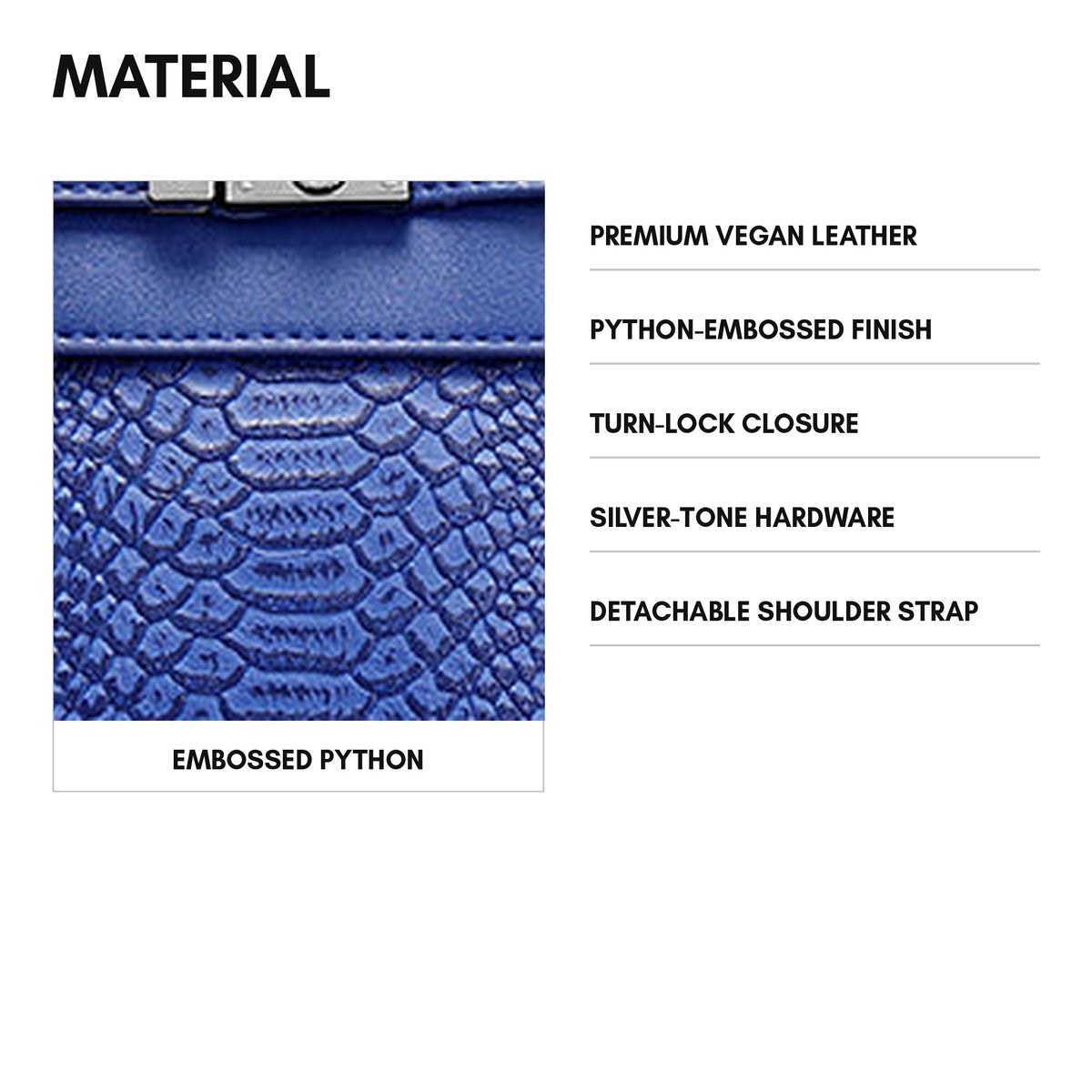 Signature Luxury Prosper Tote in Royal Blue - material and specs: premium vegan leather, python-embossed finish, turn-lock closure, silver-tone hardware, detachable shoulder strap