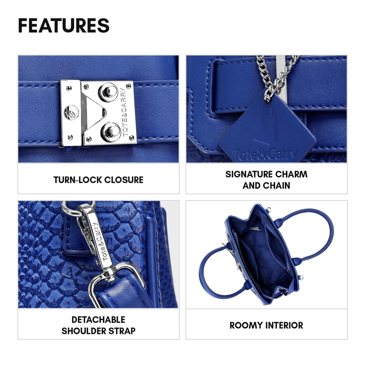 Signature Luxury Prosper Tote in Royal Blue - features: turn-lock closure, signature charm and chain, detachable shoulder strap, roomy interior