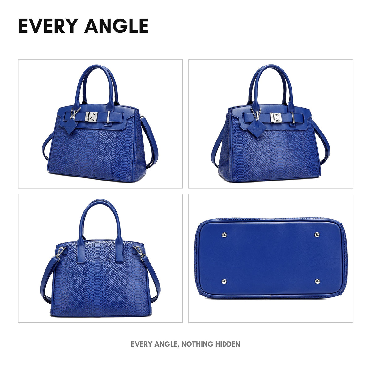 Signature Luxury Prosper Tote in Royal Blue - every angle: front, side, back and interior