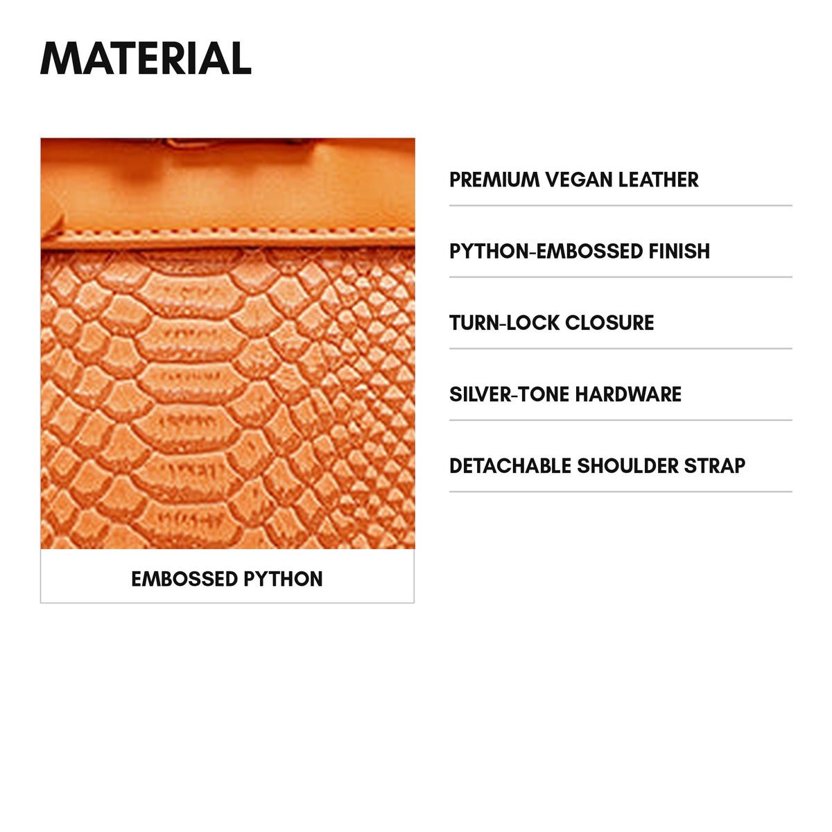 Signature Luxury Prosper Tote in Orange Burst - material and specs: premium vegan leather, python-embossed finish, turn-lock closure, silver-tone hardware, detachable shoulder strap