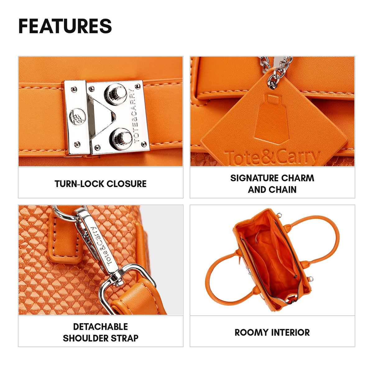 Signature Luxury Prosper Tote in Orange Burst - features: turn-lock closure, signature charm and chain, detachable shoulder strap, roomy interior