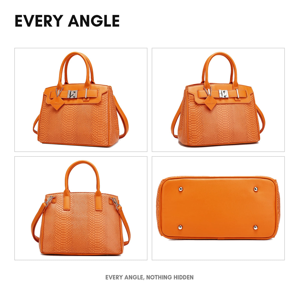 Signature Luxury Prosper Tote in Orange Burst - every angle: front, side, back and interior