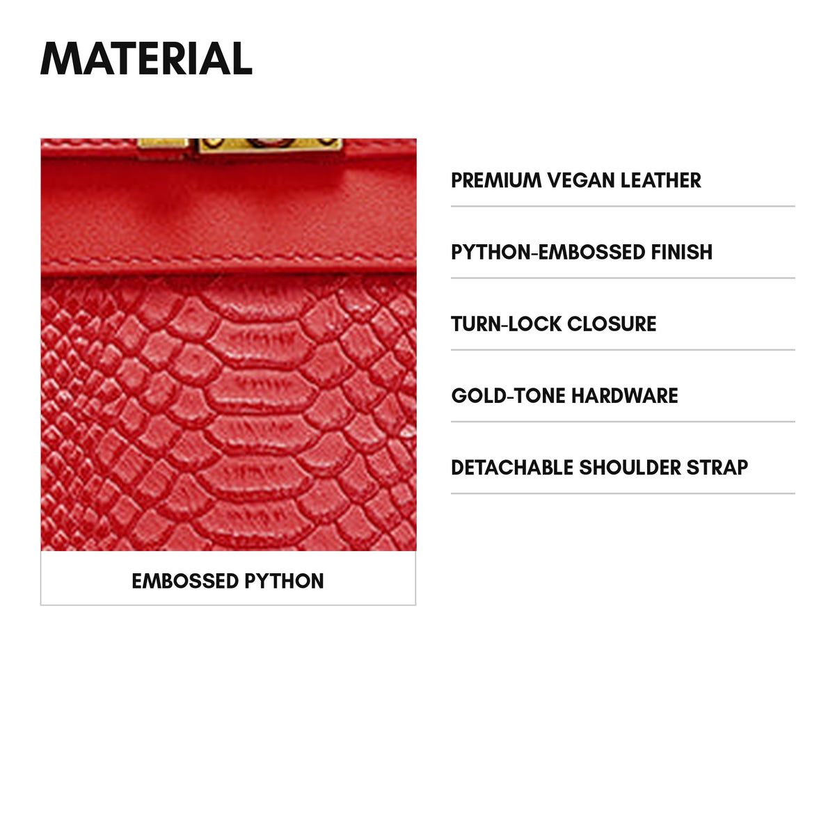Signature Luxury Prosper Tote in Red - material and specs: premium vegan leather, python-embossed finish, turn-lock closure, gold-tone hardware, detachable shoulder strap