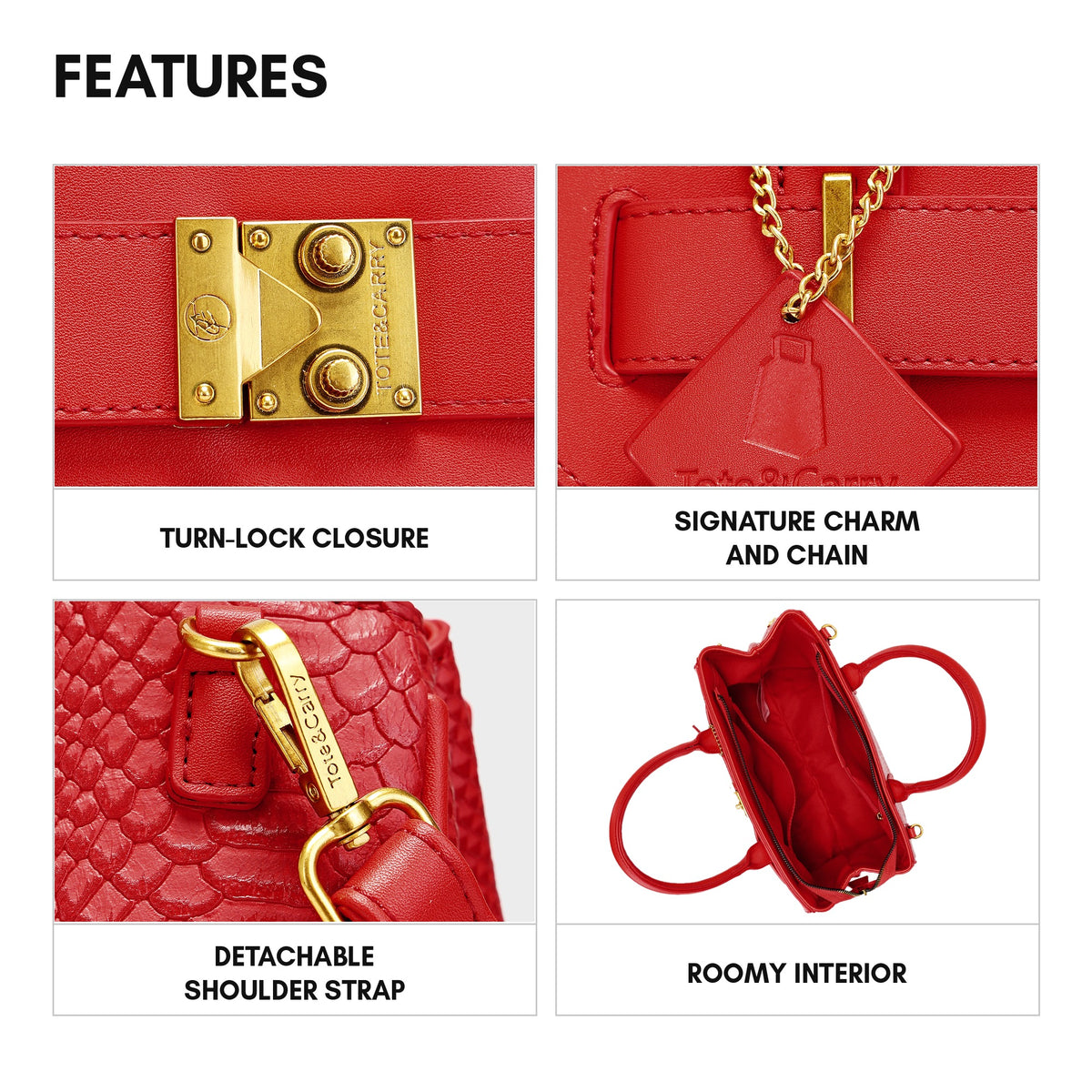 Signature Luxury Prosper Tote in Red - features: turn-lock closure, signature charm and chain, detachable shoulder strap, roomy interior