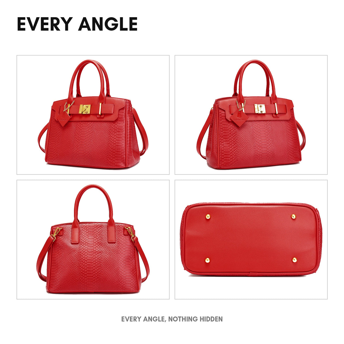 Signature Luxury Prosper Tote in Red - every angle: front, side, back and interior