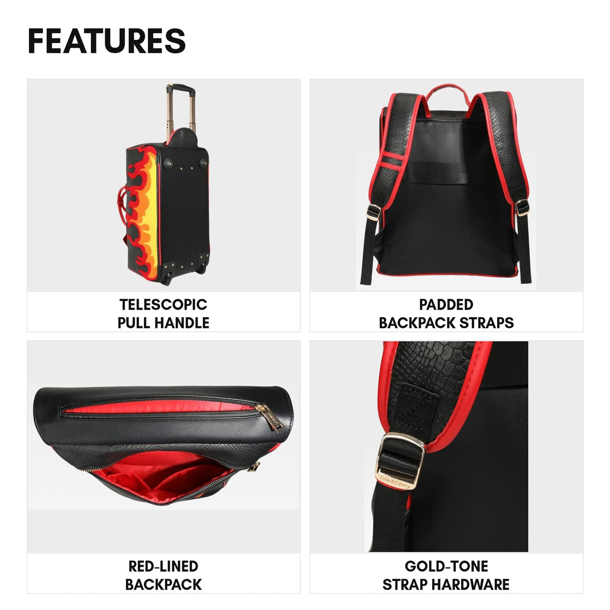 Signature Red Fire Rolling Duffle Set in Black - features
