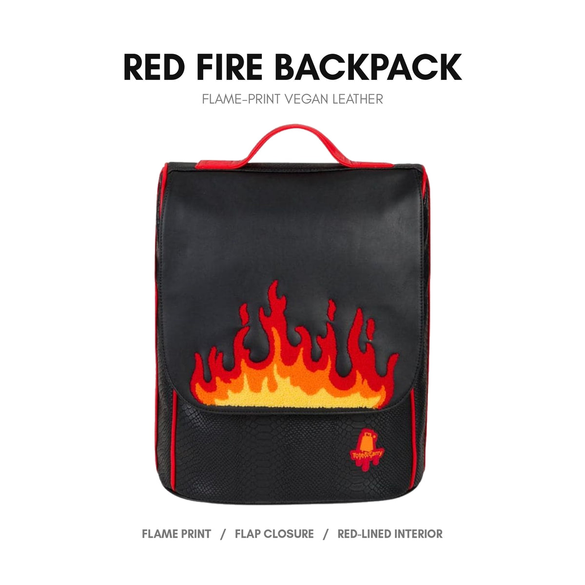 Red Fire Backpack in Black - premium vegan leather, signature flame print, adjustable padded straps