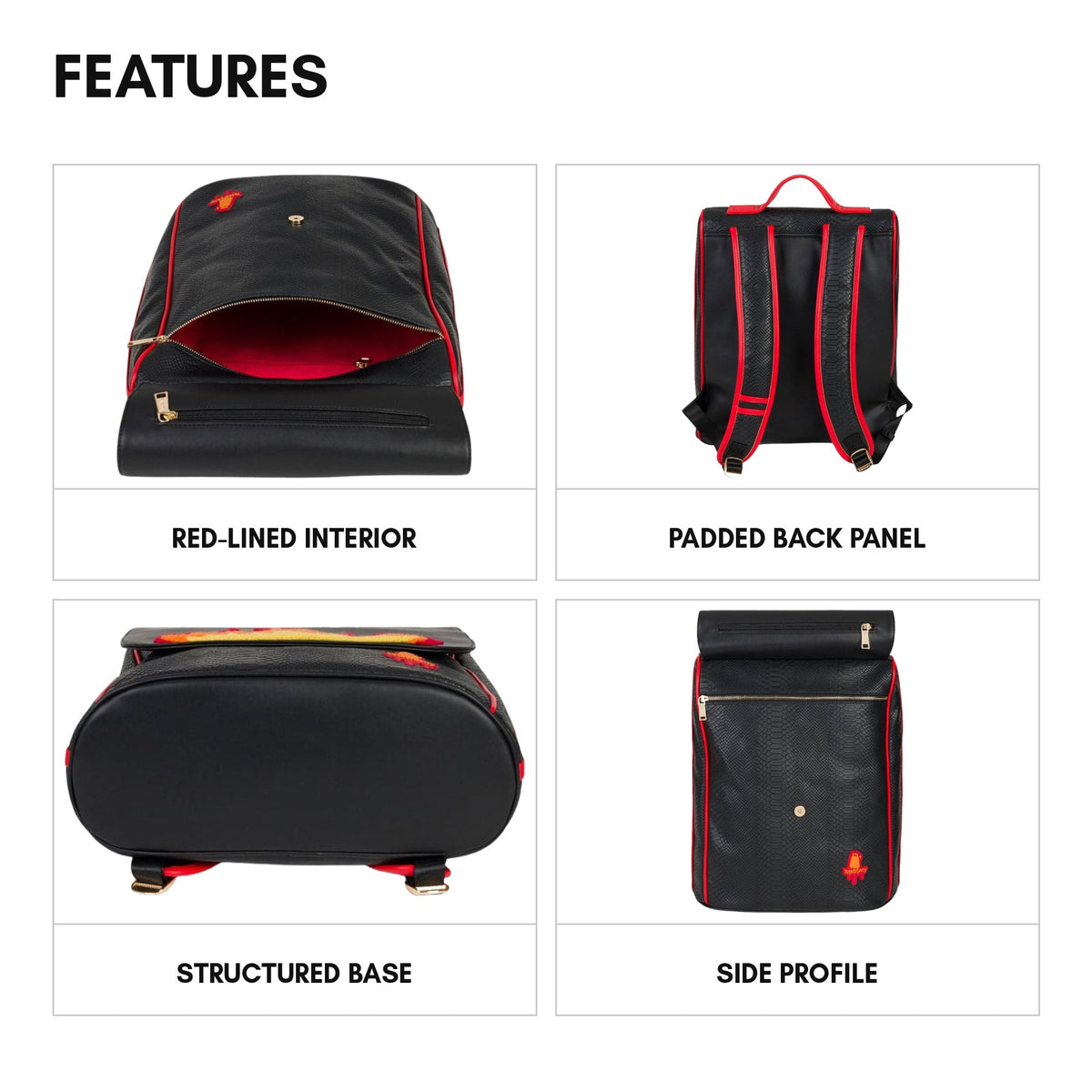 Red Fire Backpack in Black - features: red-lined interior, padded back panel, structured base, side profile