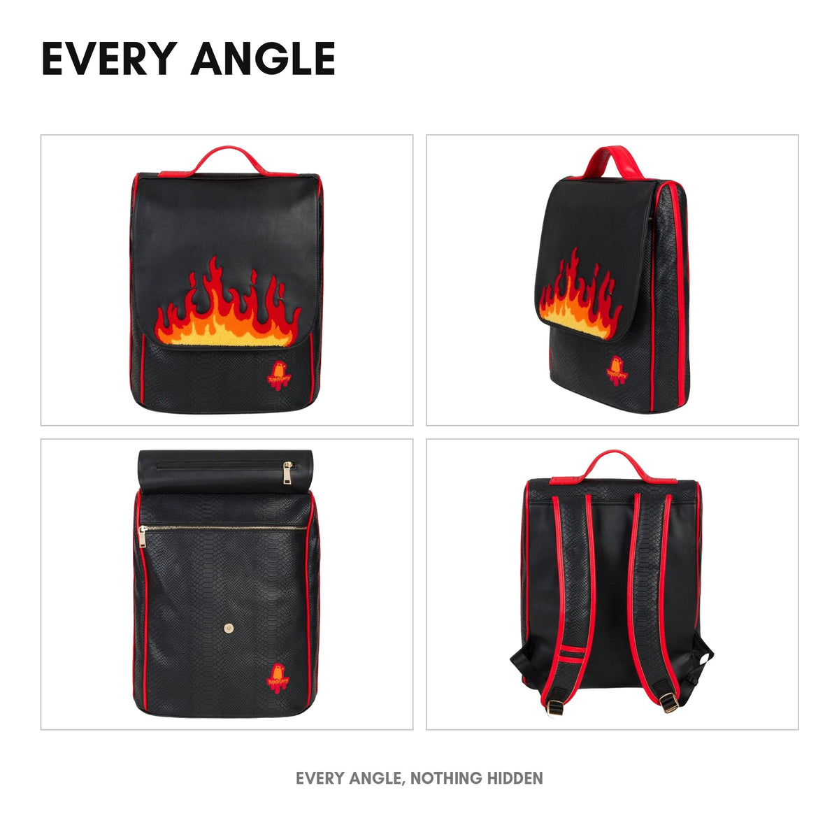 Red Fire Backpack in Black - every angle: front, side, back and interior